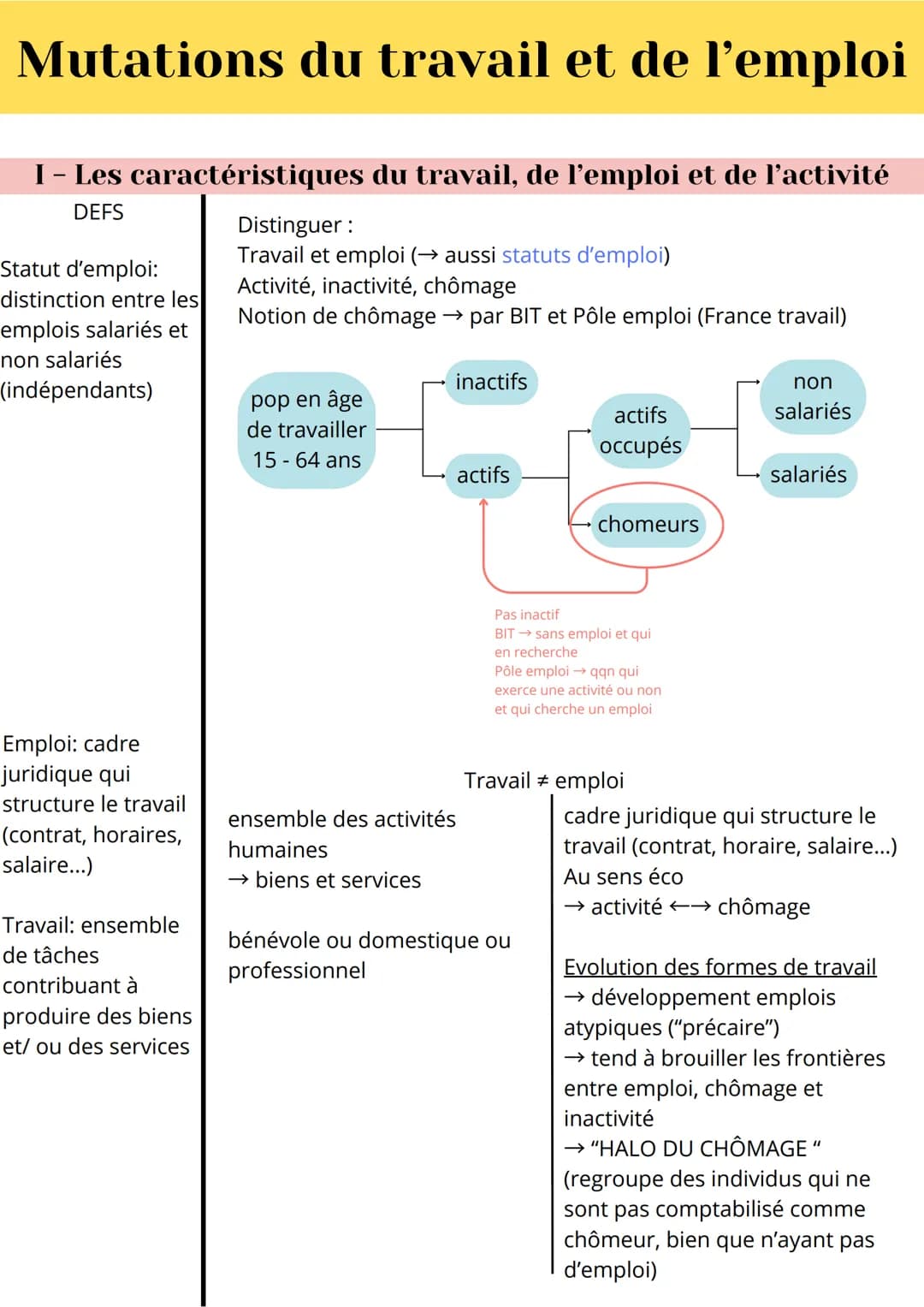 Mutations du travail et de l'emploi
I – Les caractéristiques du travail, de l'emploi et de l'activité
DEFS
Statut d'emploi:
Distinguer :
Tra