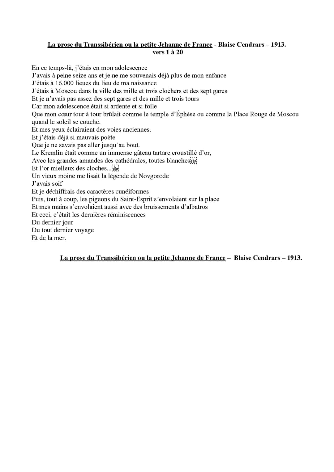 La prose du Transsibérien et la petite Jehanne de France Analyse linéaire