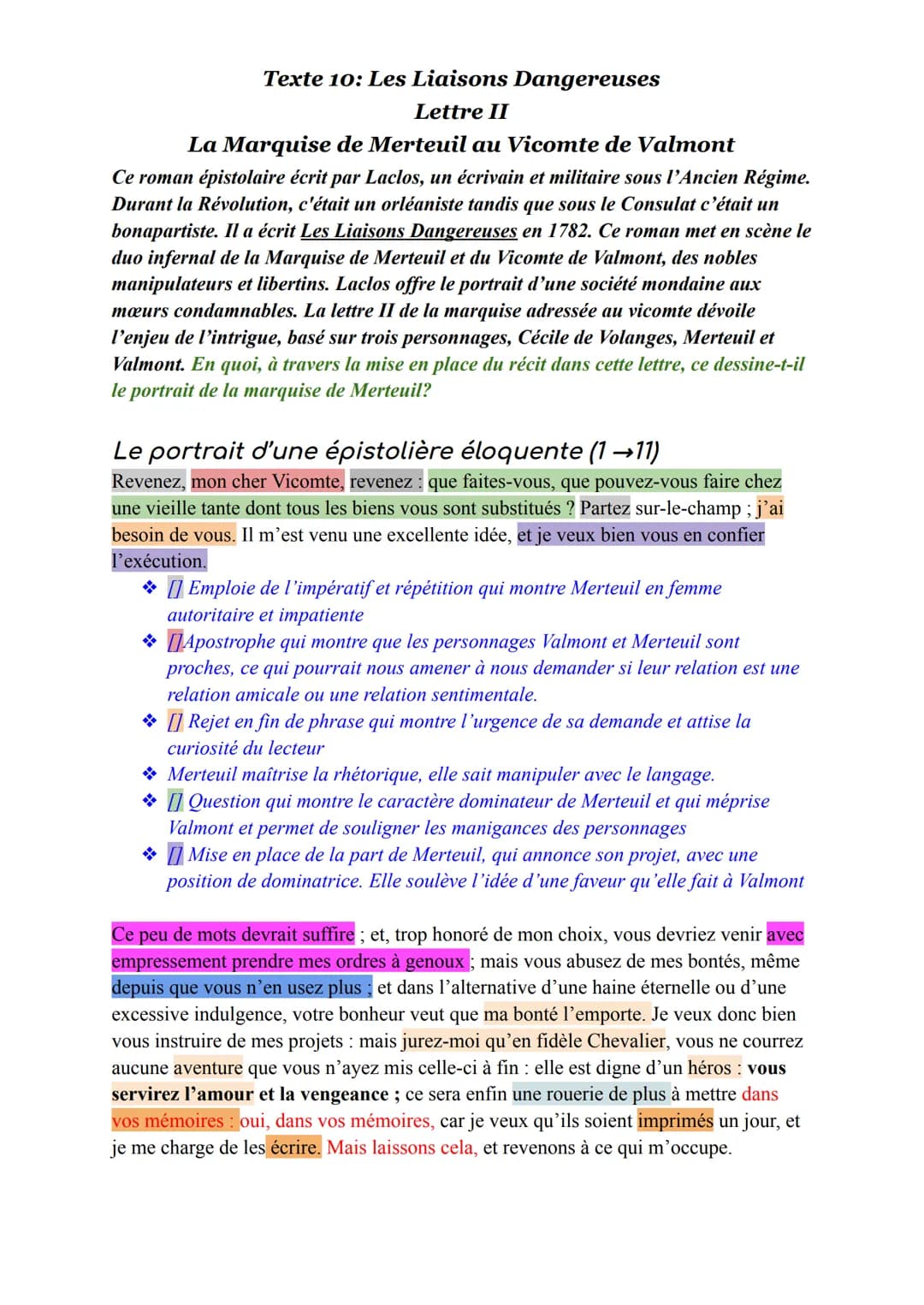 Texte 10: Les Liaisons Dangereuses
Lettre II
La Marquise de Merteuil au Vicomte de Valmont
Ce roman épistolaire écrit par Laclos, un écrivai