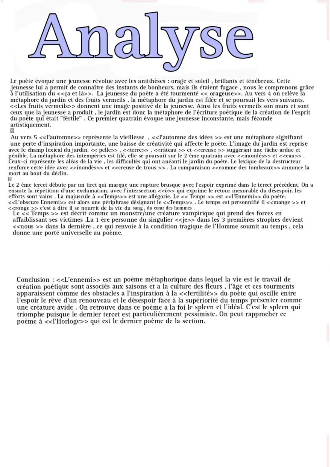 # L'ennemi de Charles Baudelaire
Analyse linéaire

L'Ennemi
Charles Baudelaire

Ma jeunesse ne fut qu'un ténébreux orage,
Traversé çà et là 