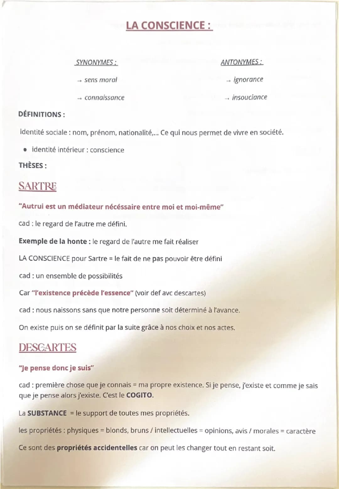 SYNONYMES:
→ sens moral
connaissance
LA CONSCIENCE:
ANTONYMES:
→ ignorance
. insouciance
DÉFINITIONS:
identité sociale: nom, prénom, nationa