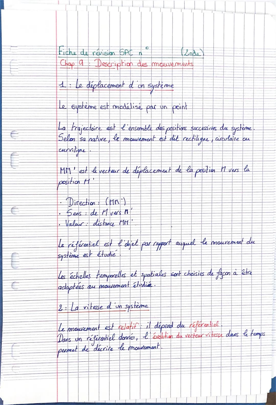KADI
€
[
€
€
Fiche de revision SPC
Chap 9 Description des mouvements
1: Le déplacement d'un système
Le système est modélise
La trajectoire e