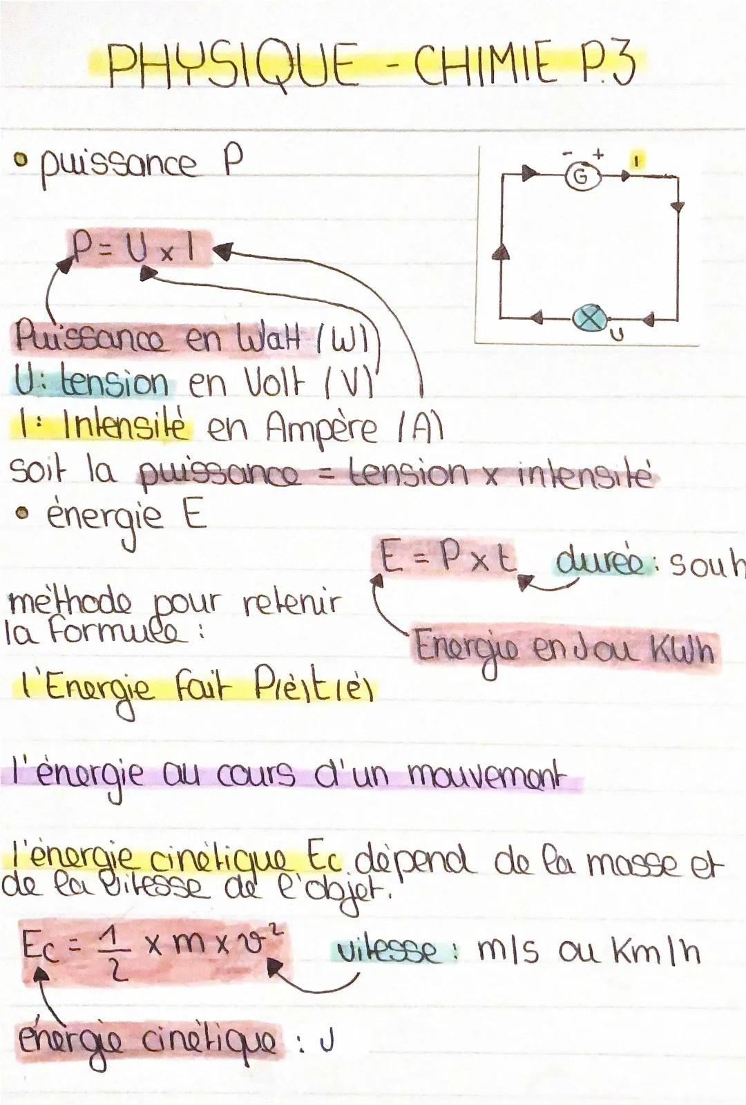 Physique-Chimie : Puissance, Tension, Intensité, Énergie mécanique, potentielle de position, cinétique, électrique 