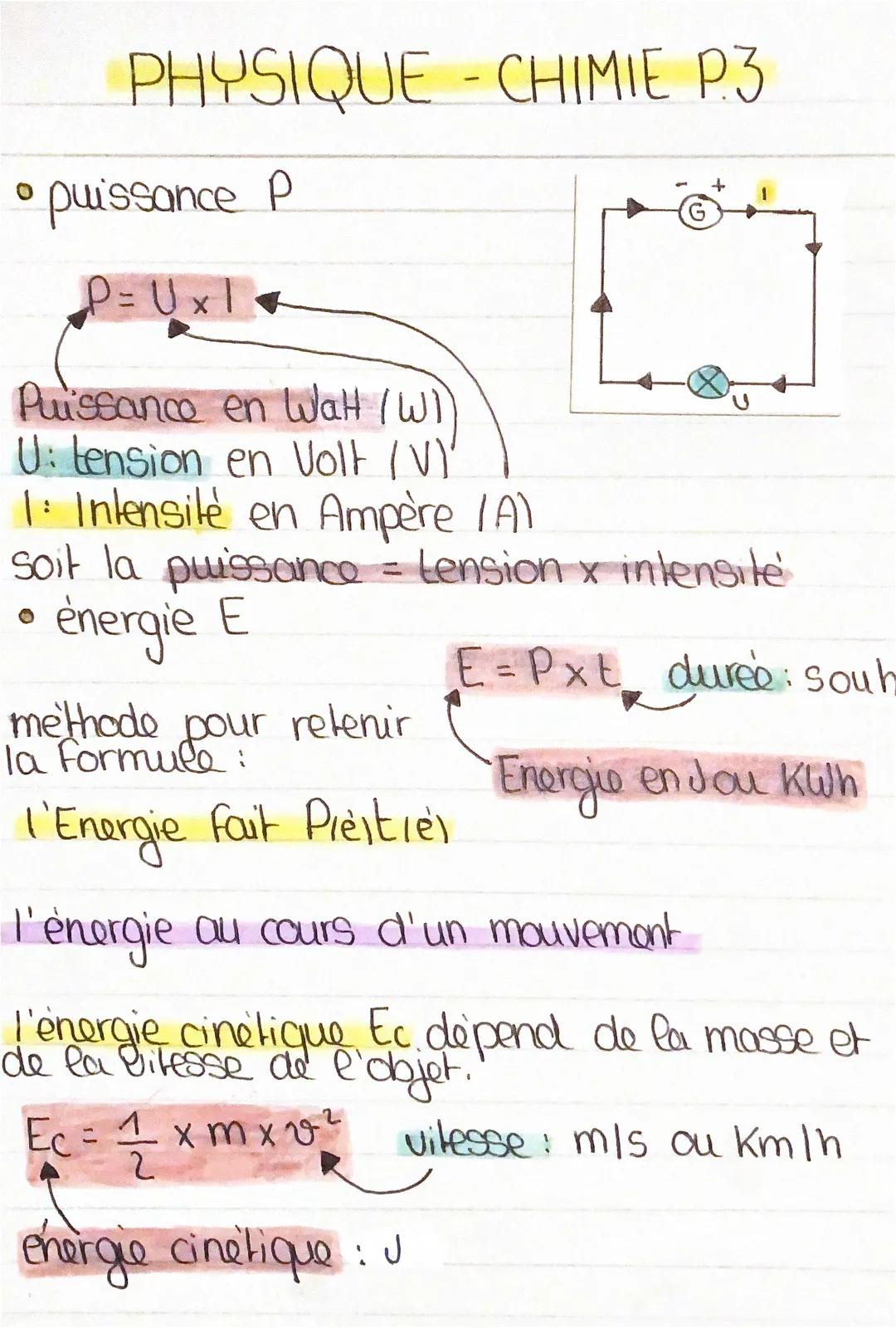 O
PHYSIQUE-CHIMIE P.3
puissance P
P = Ux1
Puissance en Wall (WI)
U: tension en Volt (V)
1: Intensité en Ampère /A)
soit la puissance = Lensi