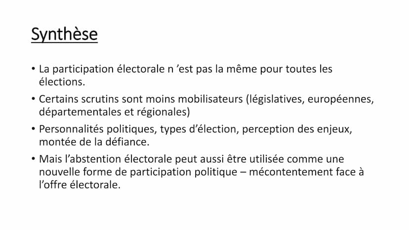 B- Les variables contextuelles liées à la participation
électorale
• 1-L'abstention selon le type d'élections
• Document 14 : L'abstention p