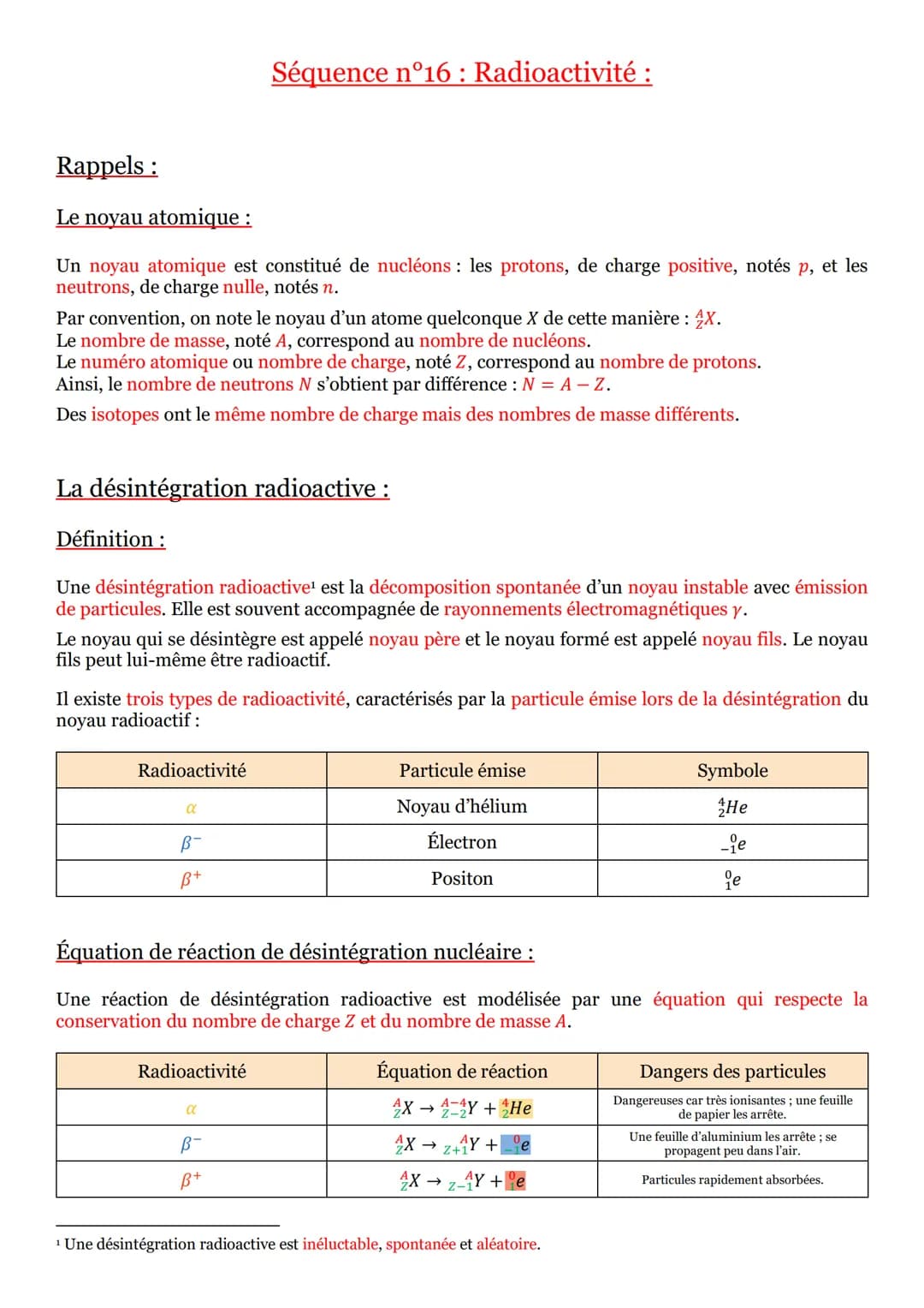 Rappels:
Le noyau atomique :
Un noyau atomique est constitué de nucléons: les protons, de charge positive, notés p, et les
neutrons, de char