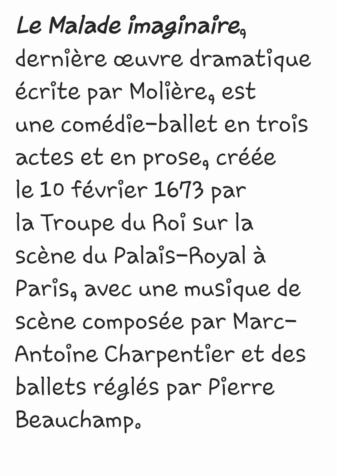 Auteur:Molière
Genre:Comédie ballet
Nb.d'actes:3
Musique de scène: Marc-
Antoine Charpentier
Date de création en
français:10 février 1673
Li