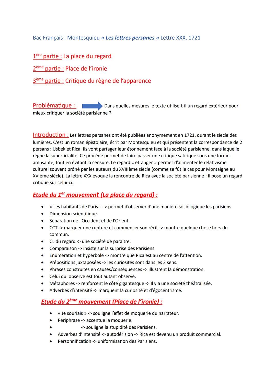 Bac Français Montesquieu « Les lettres persanes » Lettre XXX, 1721
1ère partie : La place du regard
2ème partie: Place de l'ironie
3ème part