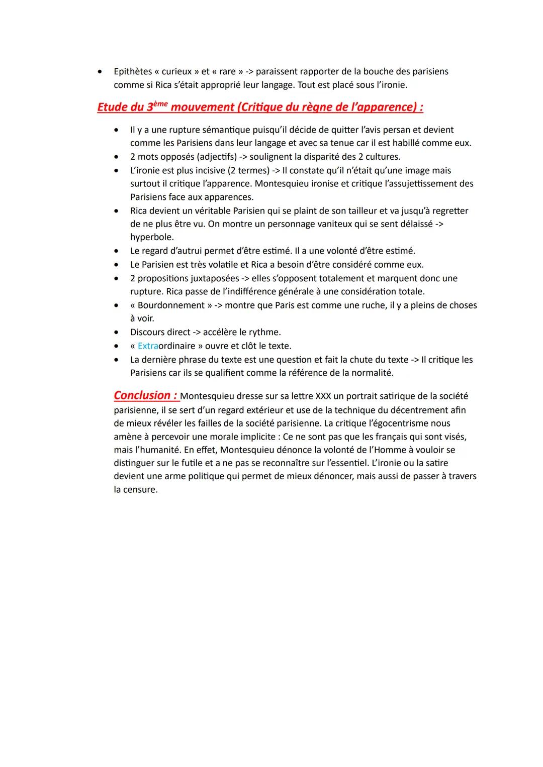 Bac Français Montesquieu « Les lettres persanes » Lettre XXX, 1721
1ère partie : La place du regard
2ème partie: Place de l'ironie
3ème part