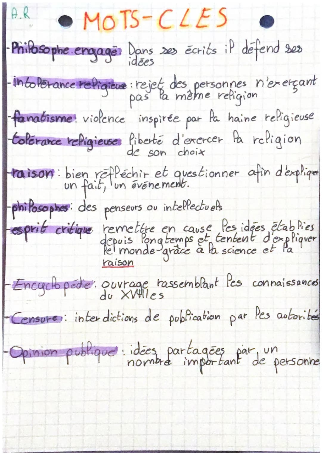 A.R.
MOTS-CLES
-Philosophe engage Dans ses écrits il défend ses
-intolerance religieu: rejet des personnes n'exerçant
la même religion
pas
-