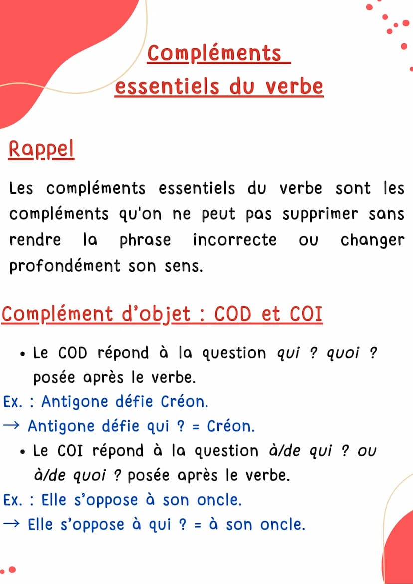 COMPLÉMENTS
ESSENTIELS DU VERBE
Français Compléments
essentiels du verbe
Rappel
Les compléments essentiels du verbe sont les
compléments qu'