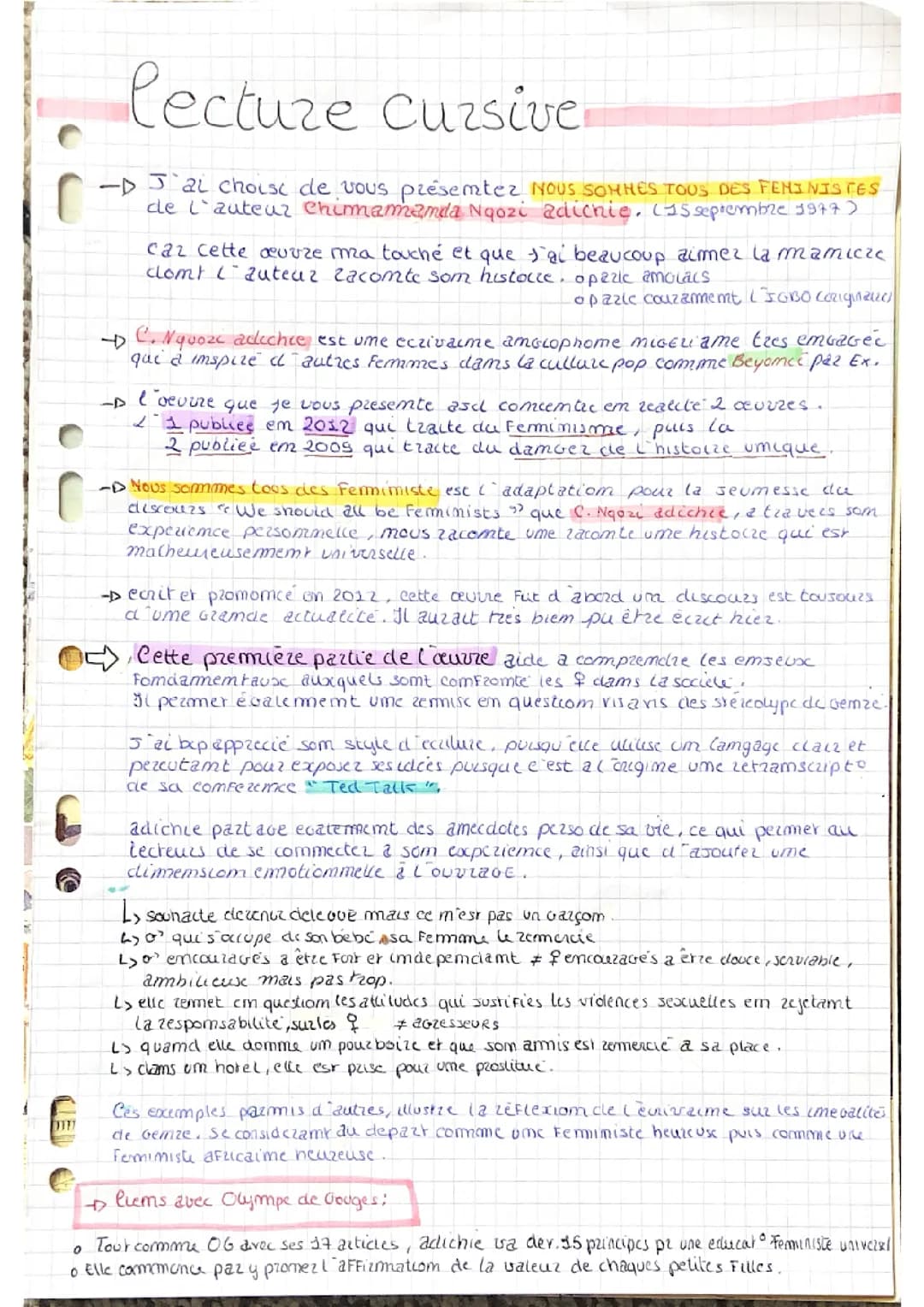 Nous sommes tous des féministes : Lecture Cursive BAC français 