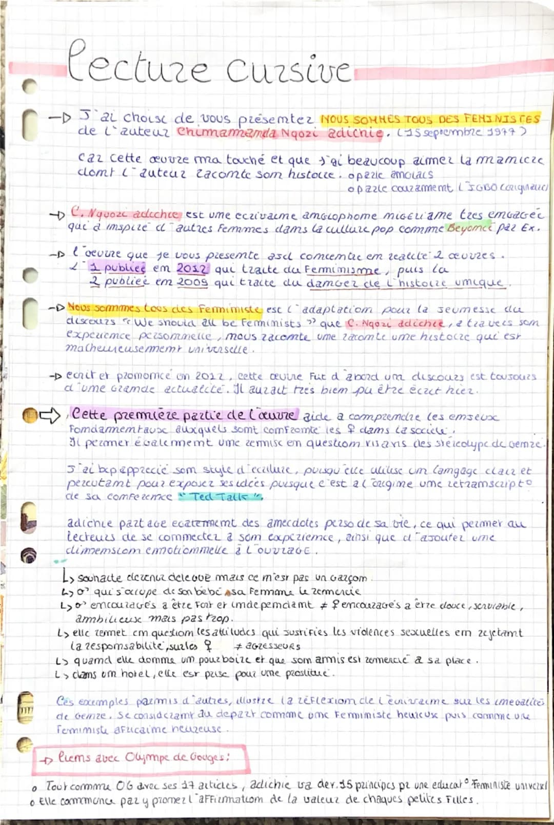 A-
lecture cursive
J'ai choisi de vous présentez NOUS SOMMES TOUS DES FEMINISTES
de l'auteur Chimamanda Ngozi adichie, (15 septembre 1977)
c