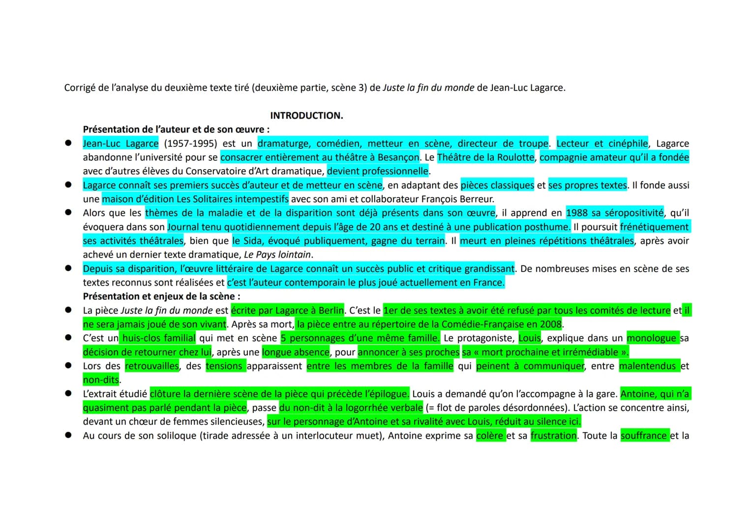 Corrigé de l'analyse du deuxième texte tiré (deuxième partie, scène 3) de Juste la fin du monde de Jean-Luc Lagarce.
INTRODUCTION.
Présentat