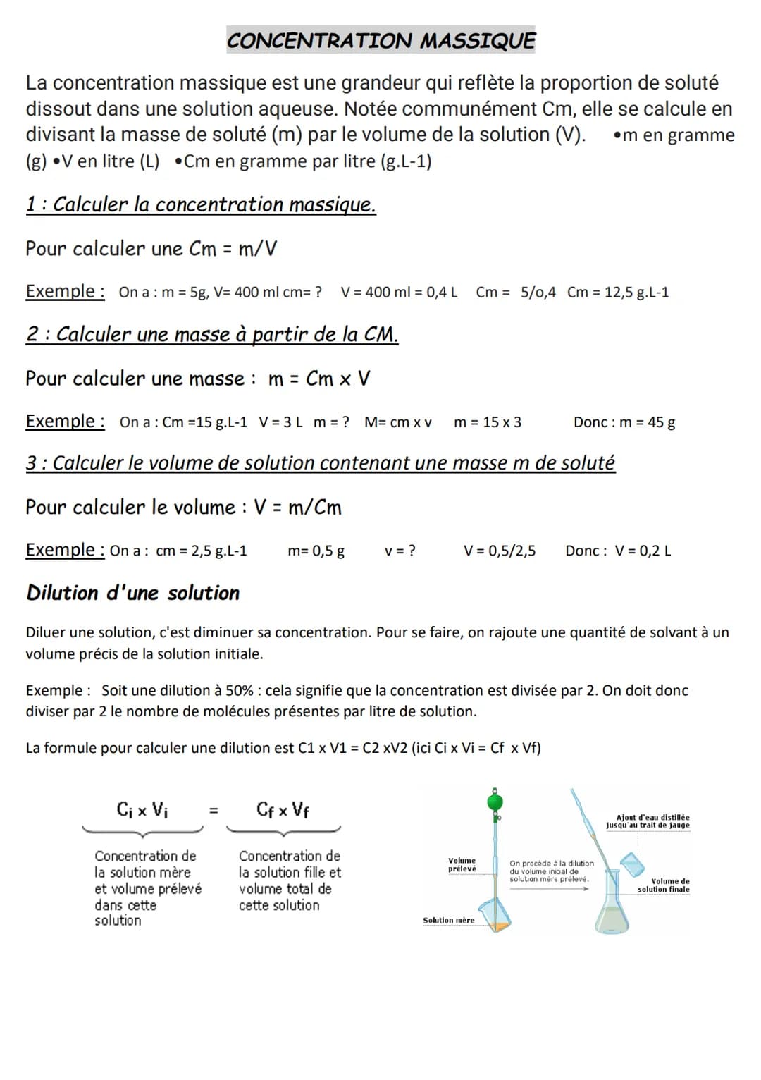 CONCENTRATION
MASSIQUE
La concentration massique est une grandeur qui reflète la proportion de soluté
dissout dans une solution aqueuse. Not
