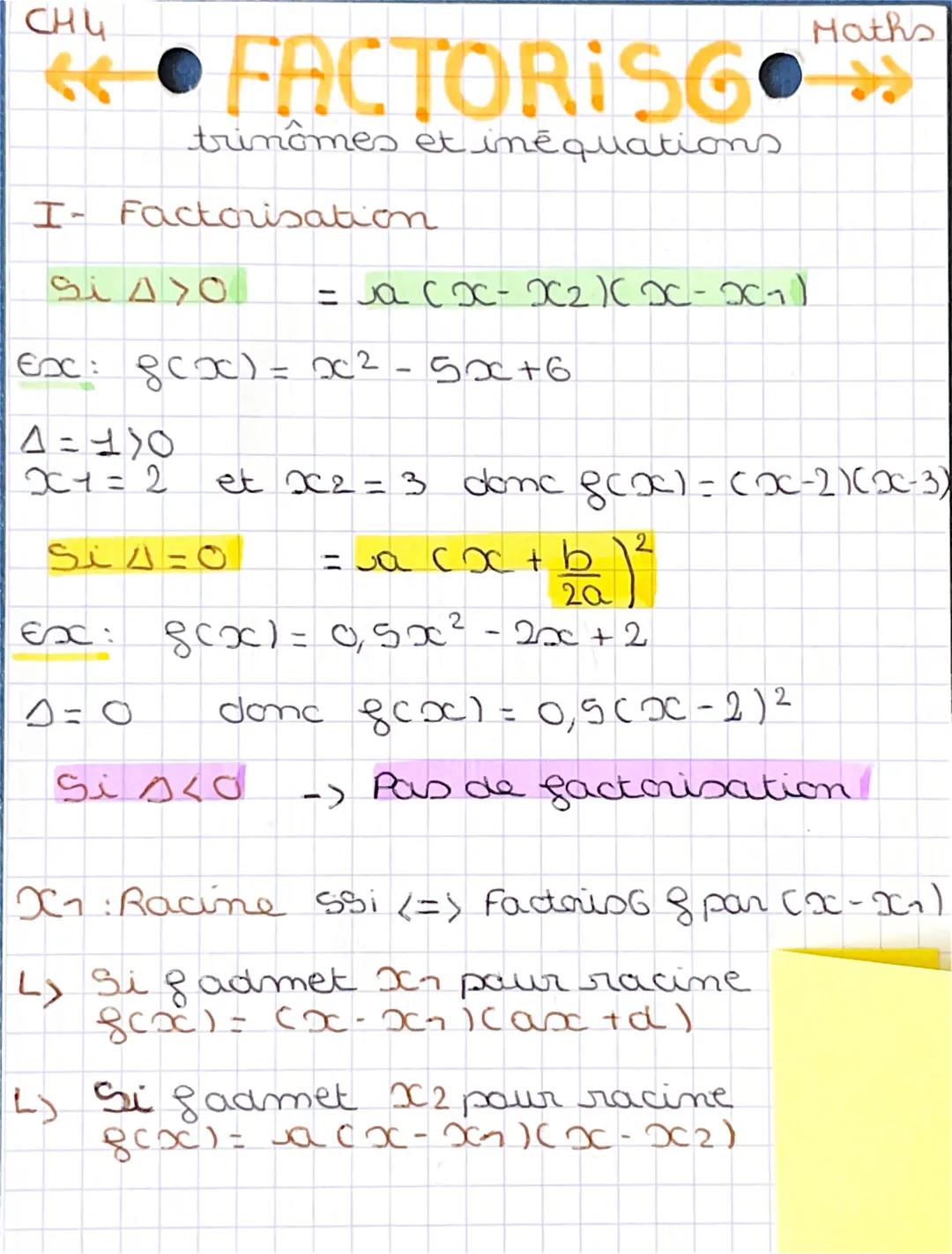 CHU

FACTORISG

trinômes et inē quations

I- Factorisation

SI AYO
= Ja cx-x2xx-x1)

Maths

Ex: gcx) = x²-5x+6

Δ= 110
x1 = 2 et x2 = 3 donc
