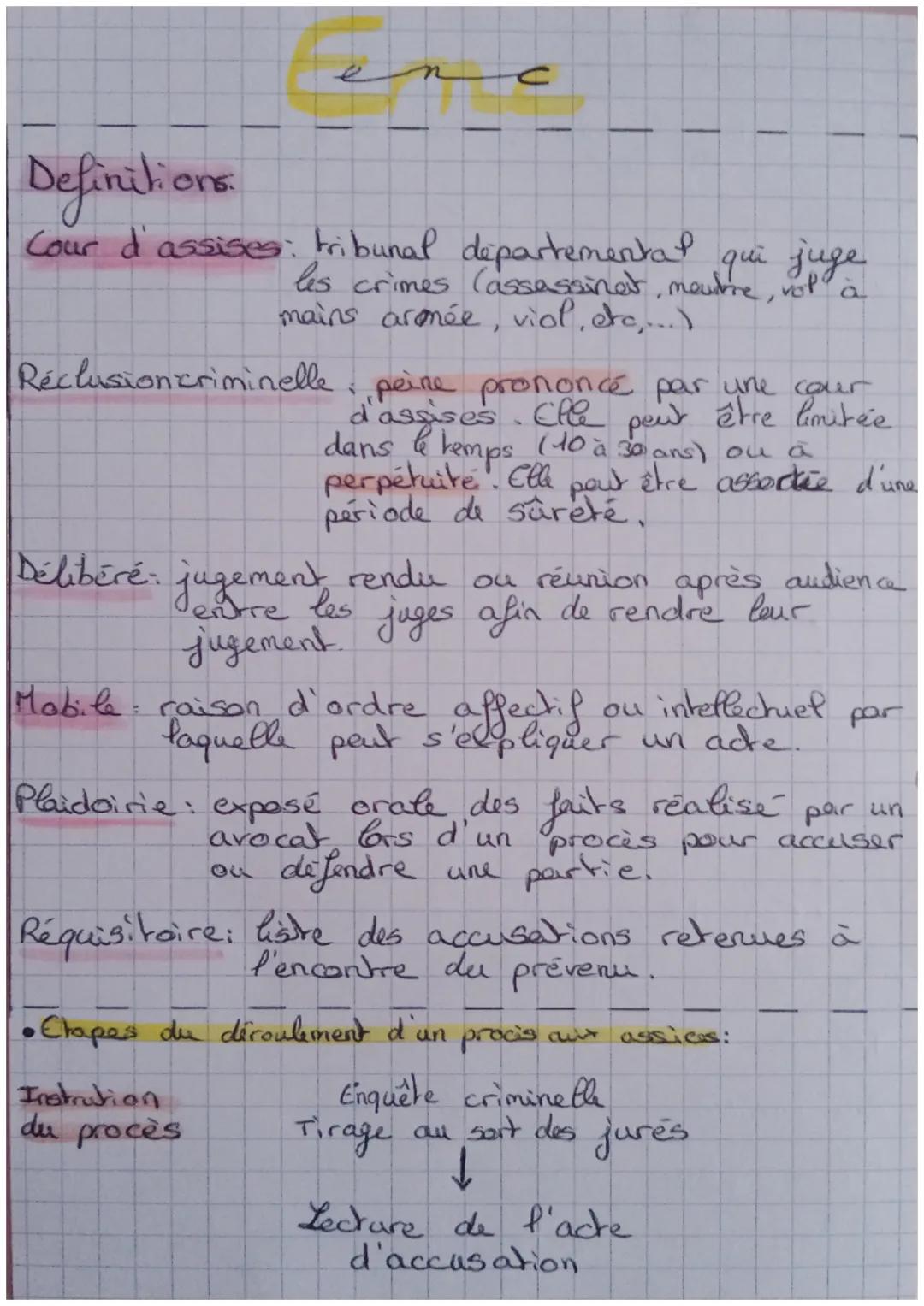 Definitions
Cour d'assises: tribunal departemental qui juge
les crimes (assassinat, moutre, vot à
mains aromée, viol, etc...).
Réclusion cri