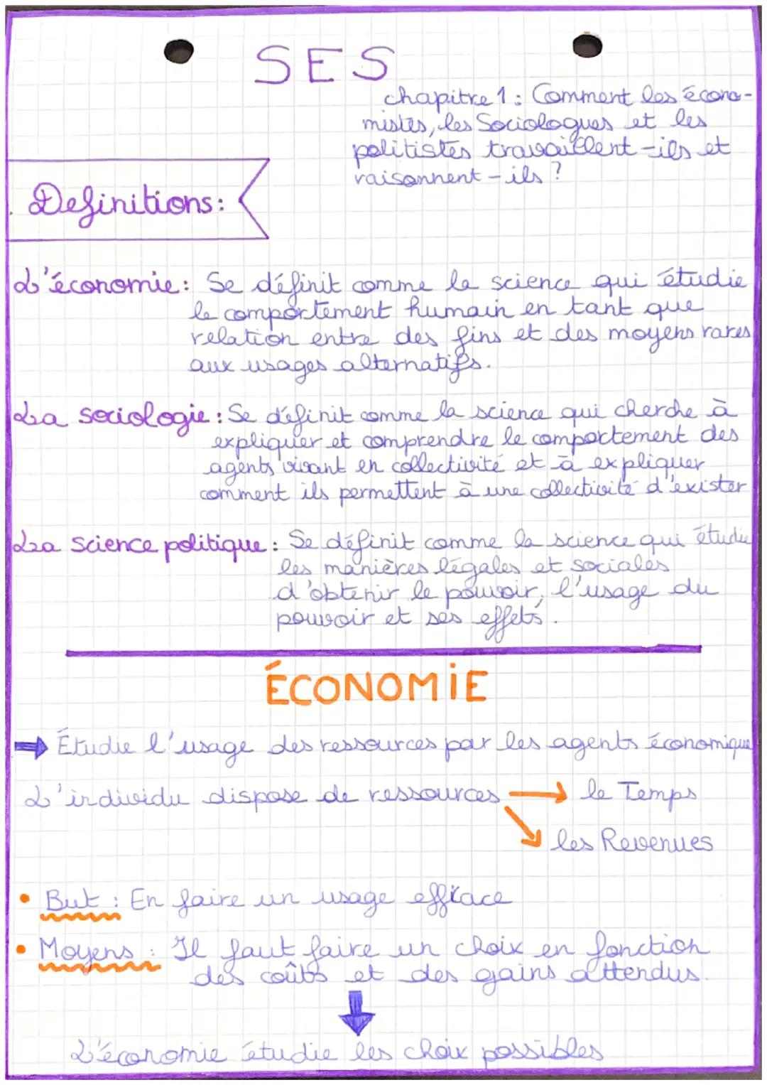SES
Definitions:
d'économie: Se définit comme le science qui étudie
le comportement humain en tant que
relation entre des fins et des moyens