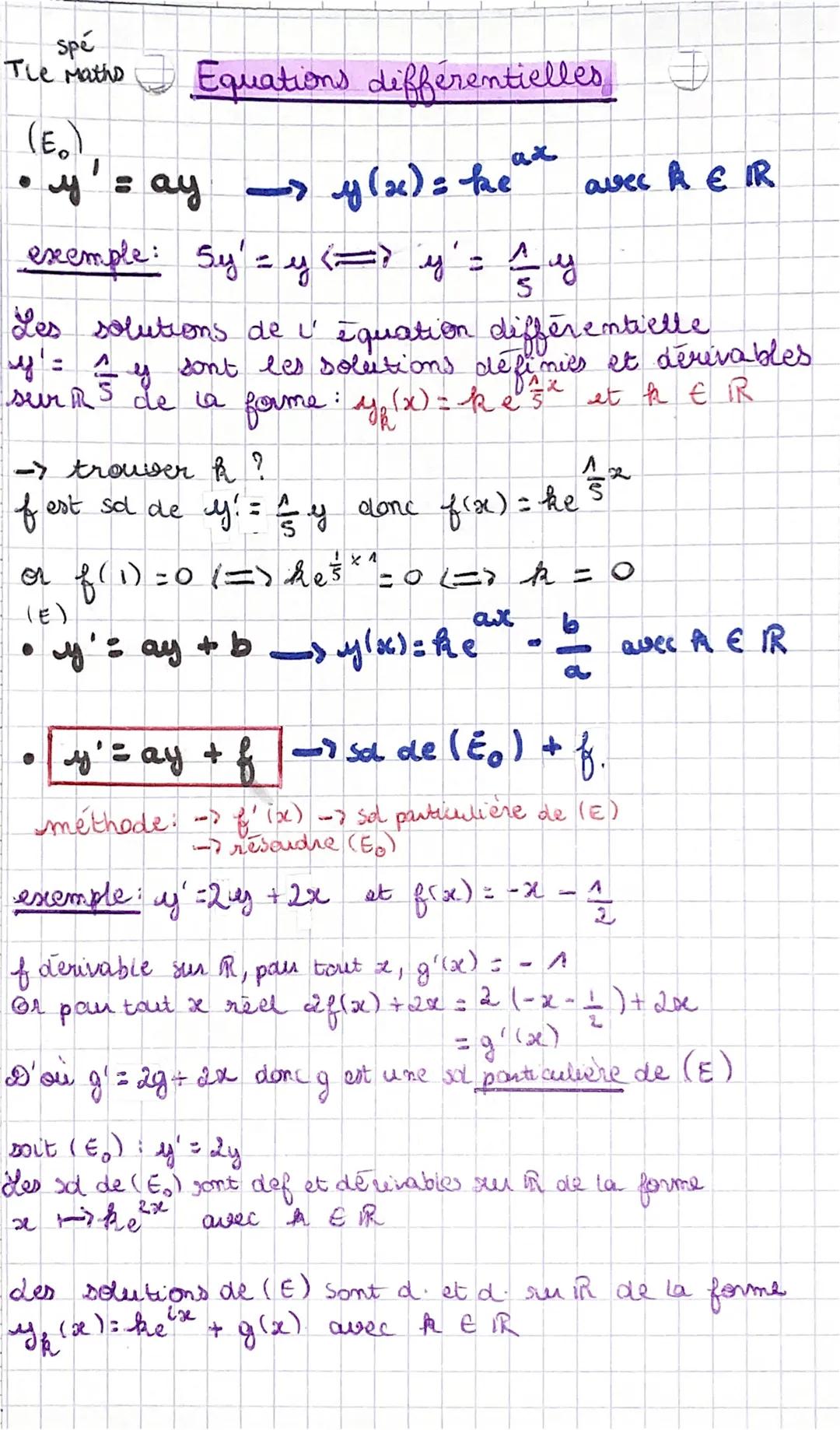 spé
Tho Matho
# Equations différentielles

$(E_0)$,

*   $y' = ay \longrightarrow y(x) = ke^{ax}$ avec $A \in \mathbb{R}$

exemple: $5y' = y