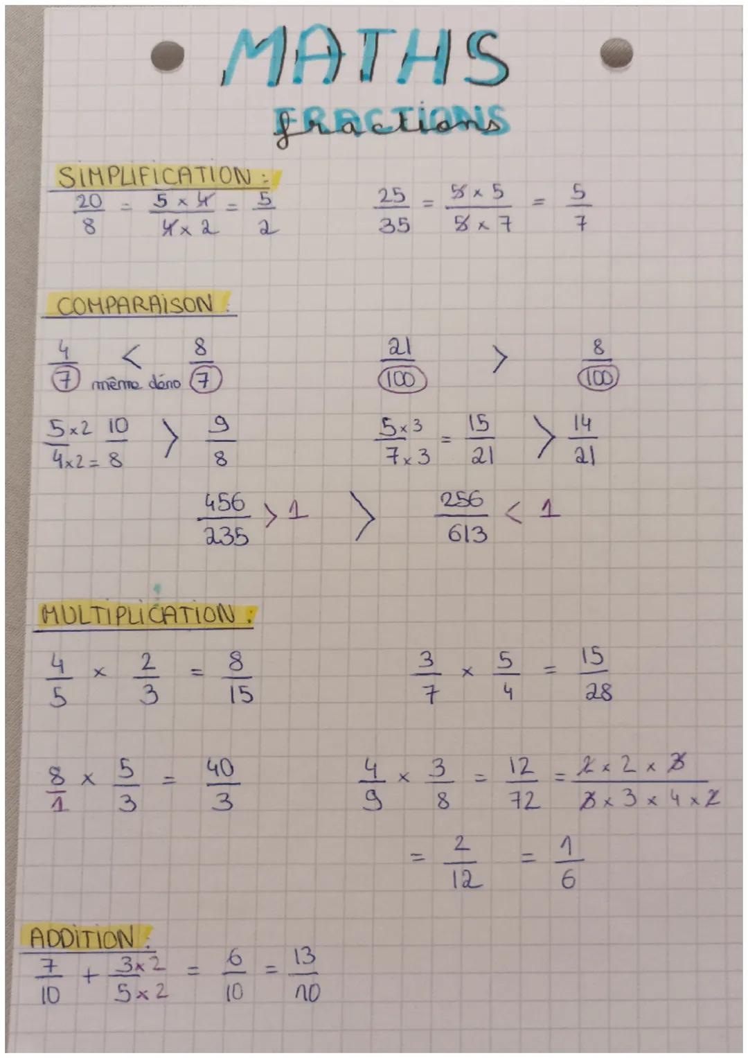 # MATHS

FRACTIONS

SIMPLIFICATION:

$
\frac{20}{8} = \frac{5 \times 4}{4 \times 2} = \frac{5}{2}
$

$
\frac{25}{35} = \frac{5 \times 5}{8 \