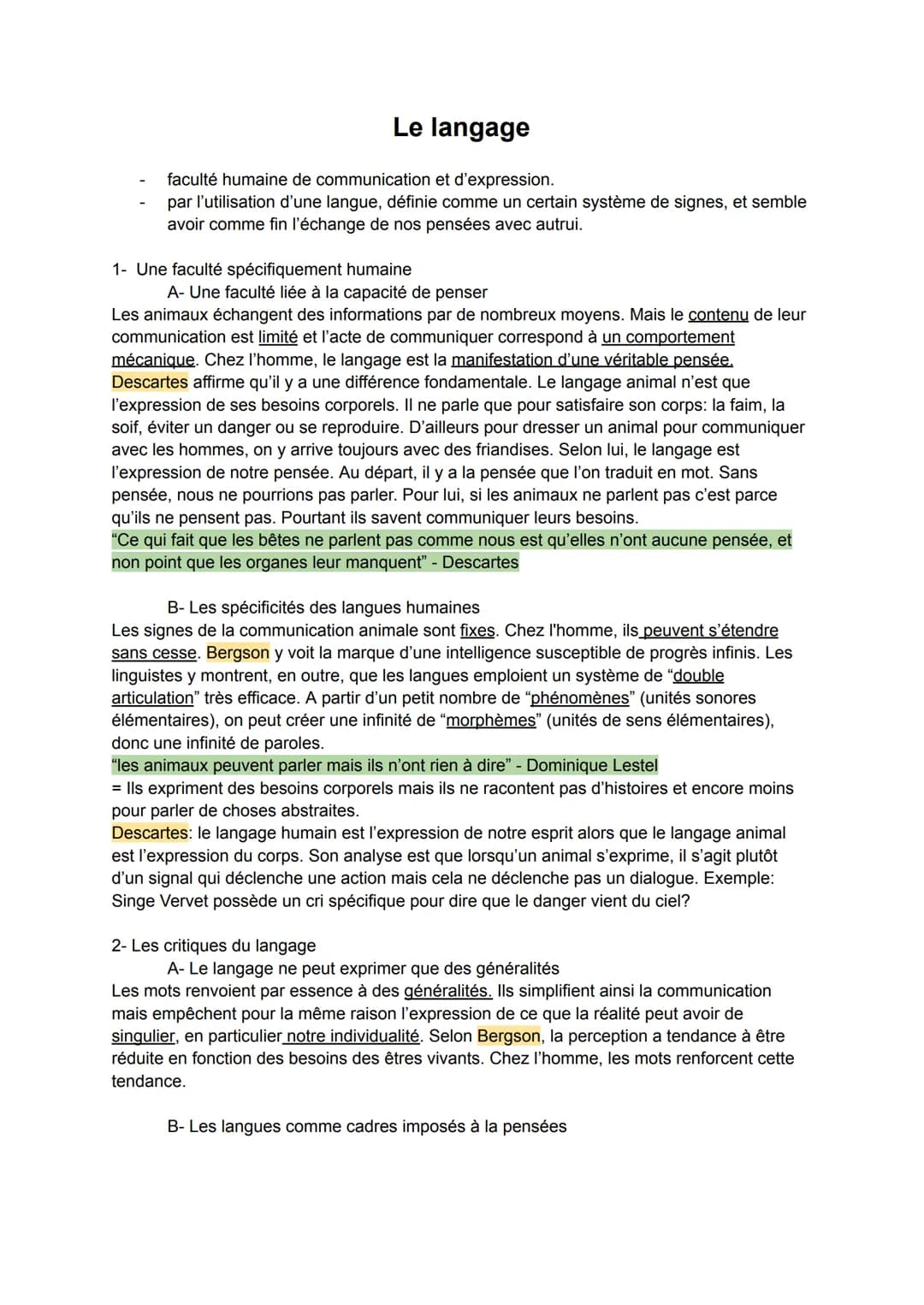 Le langage
faculté humaine de communication et d'expression.
par l'utilisation d'une langue, définie comme un certain système de signes, et 