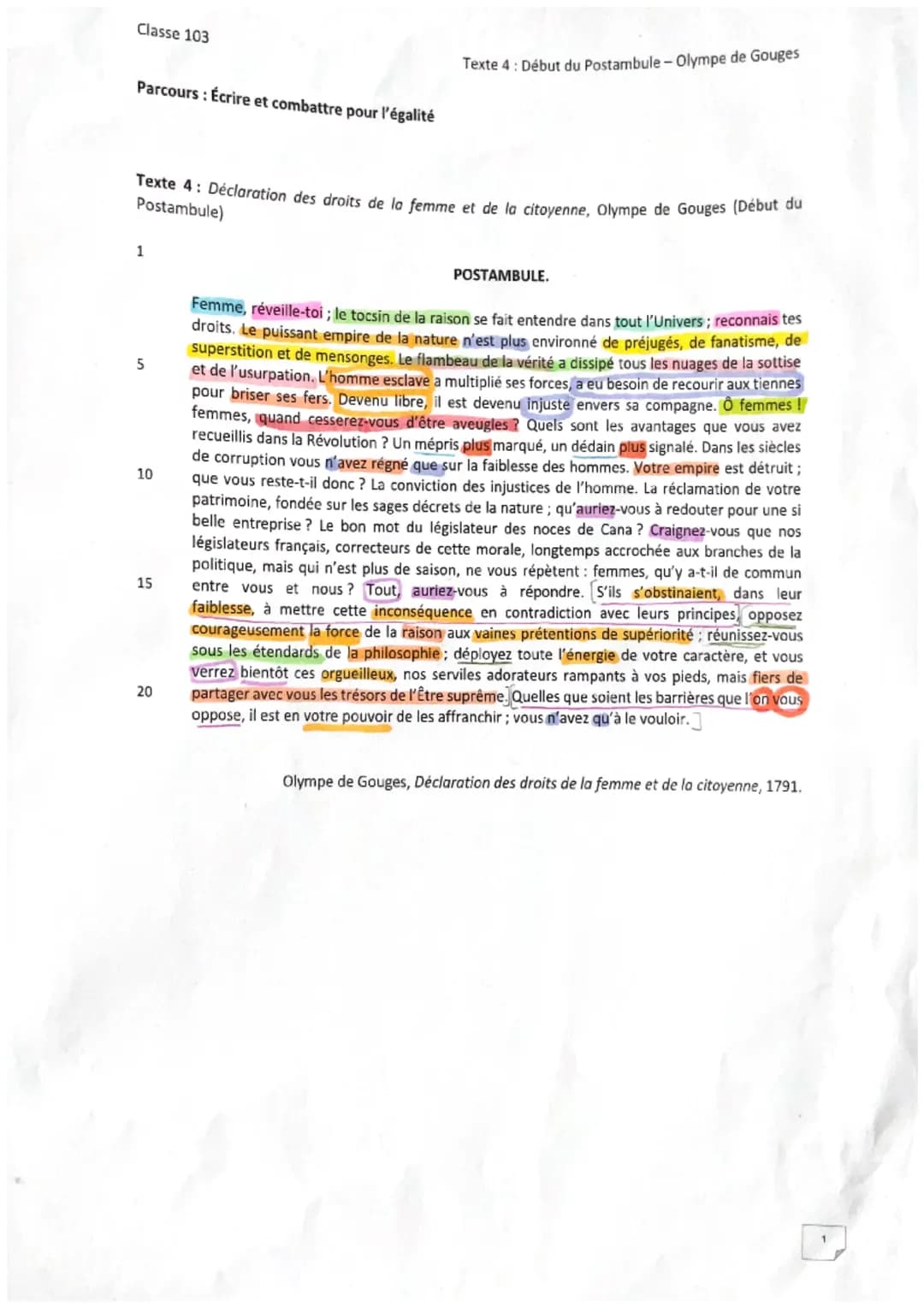 Classe 103
Parcours: Écrire et combattre pour l'égalité
Texte 4: Déclaration des droits de la femme et de la citoyenne, Olympe de Gouges (Dé