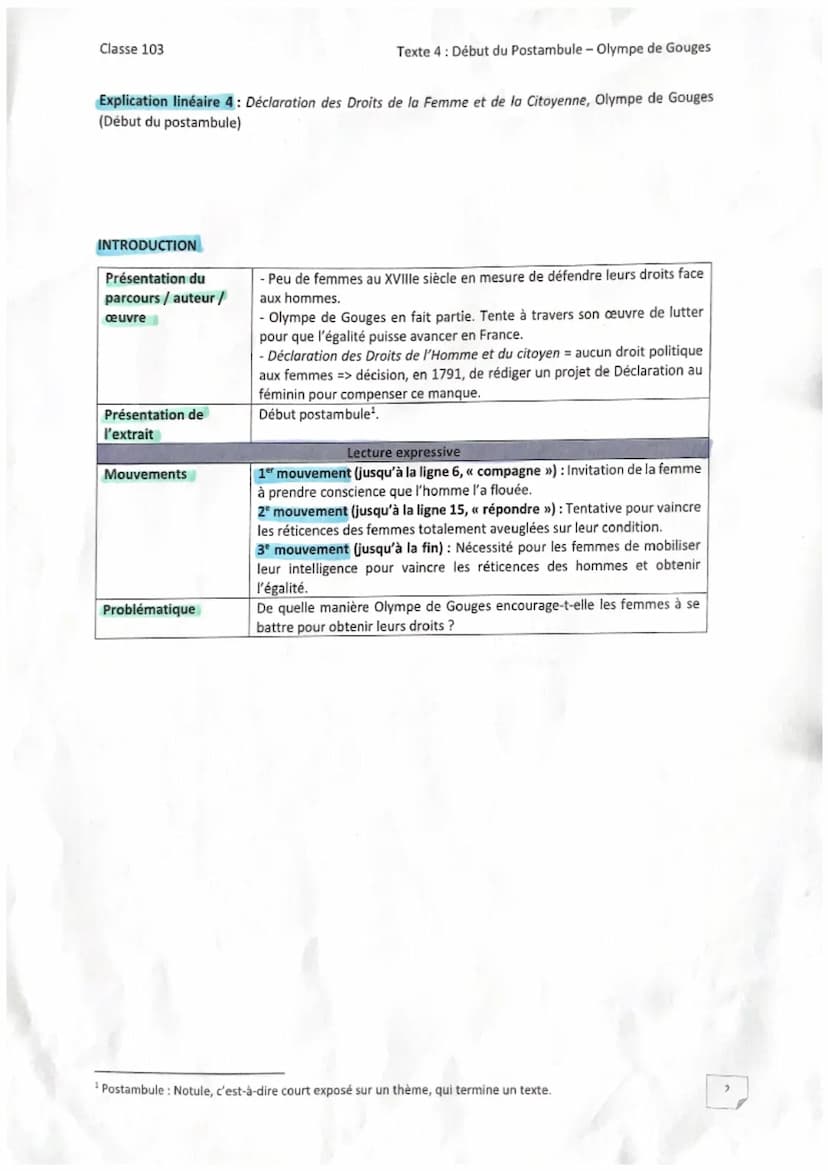 Classe 103
Parcours: Écrire et combattre pour l'égalité
Texte 4: Déclaration des droits de la femme et de la citoyenne, Olympe de Gouges (Dé