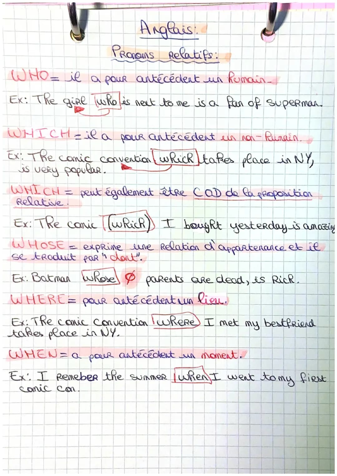 Anglais
PRONOMS Relatifs:
WHO= il a pour antécédent un humain.
Ex: The girl who is next to me is a fan of Superman.
WHICH-il a pour antécéde