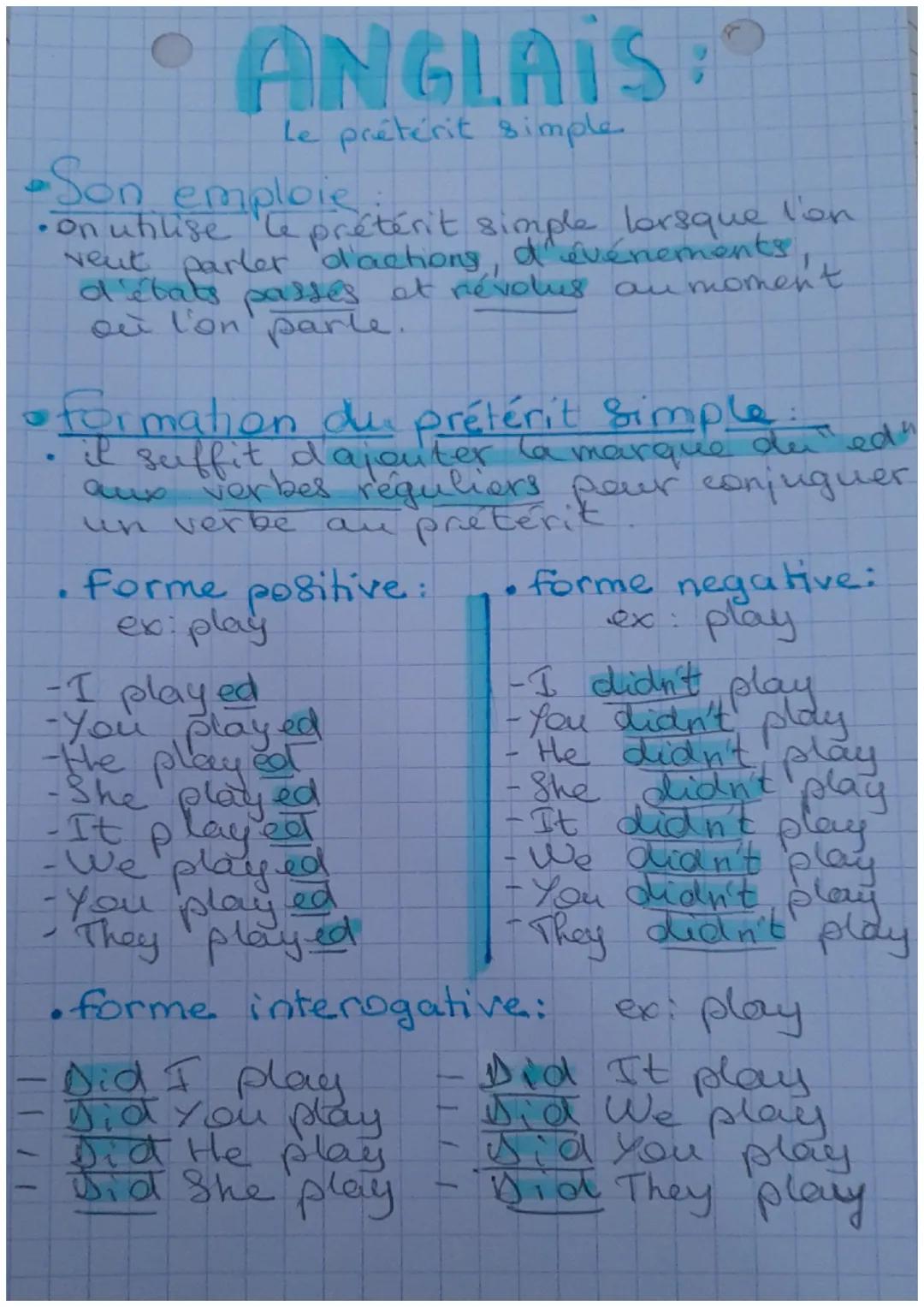 # ANGLAIS:
Le prêtérit simple.
•Son emploie:
•on utilise le prétérit simple lorsque l'on
veut parler d'actions, d'événements,,
d'états passe