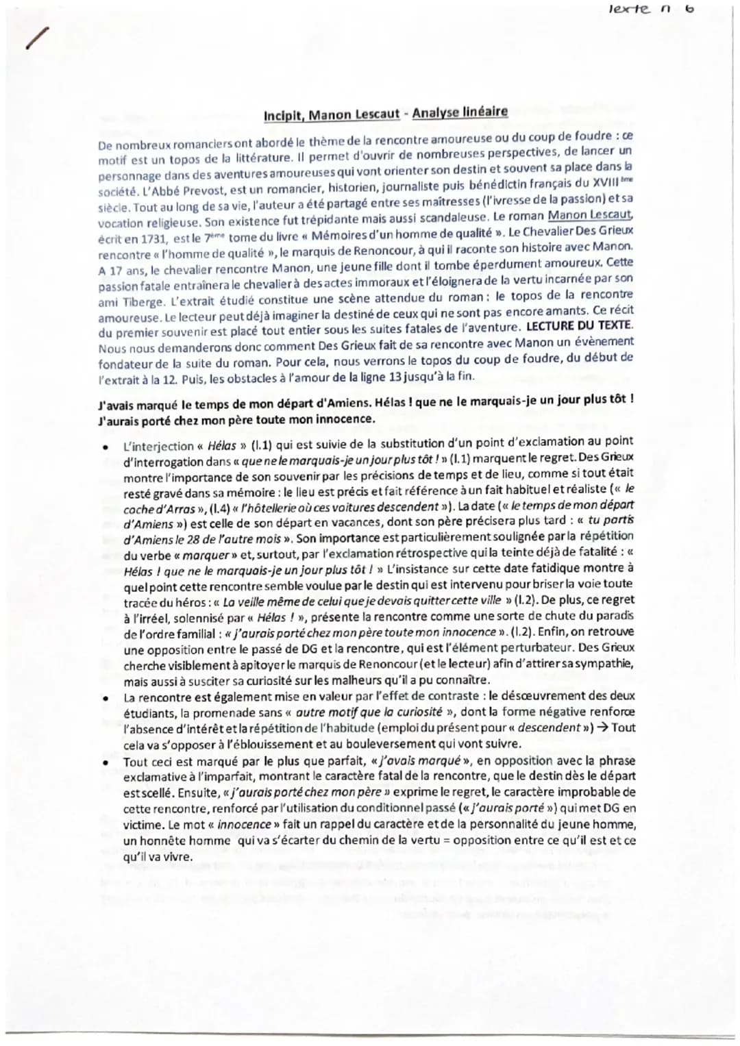 Incipit, Manon Lescaut - Analyse linéaire 
