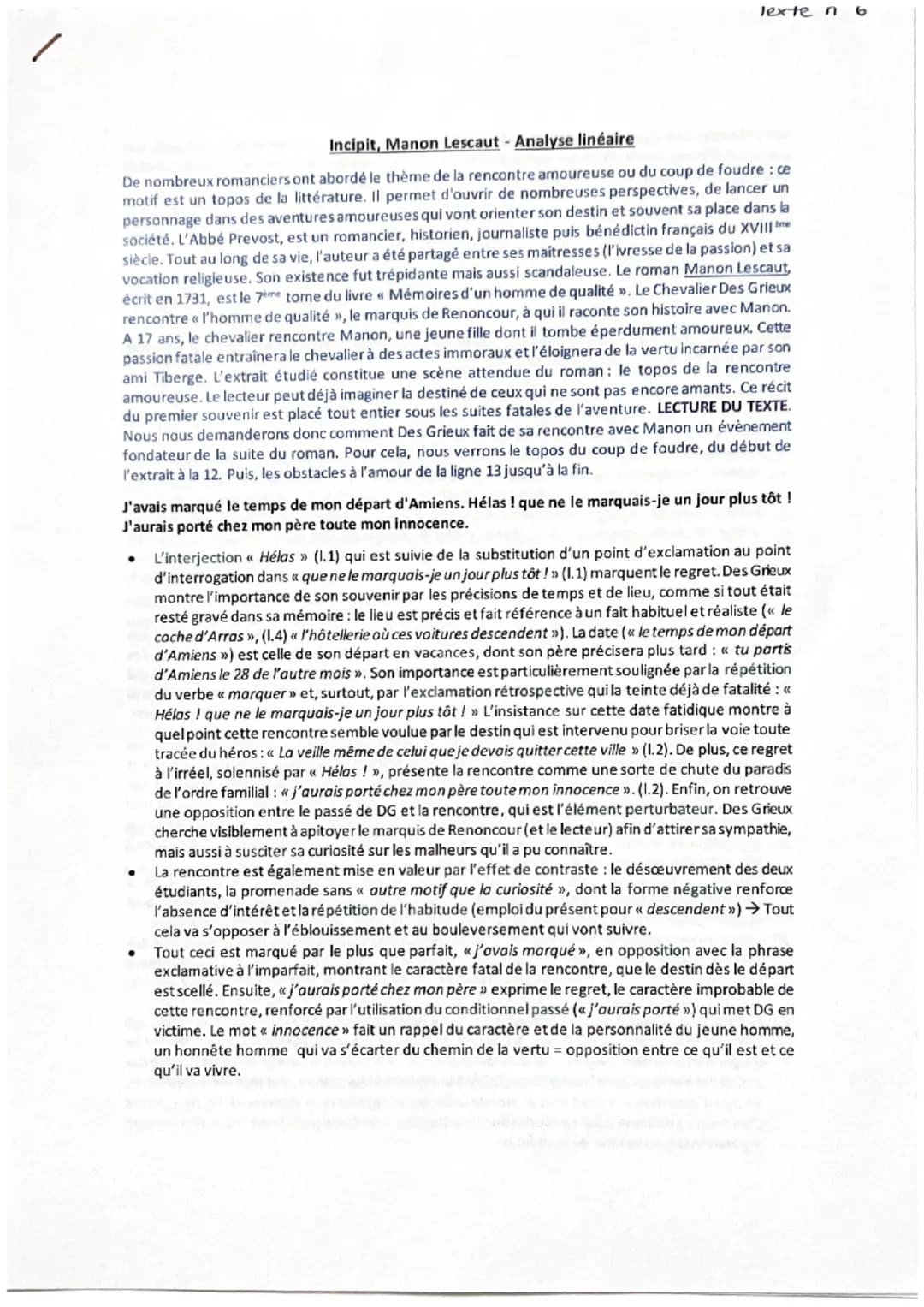 lexte n 6
Incipit, Manon Lescaut - Analyse linéaire
De nombreux romanciers ont abordé le thème de la rencontre amoureuse ou du coup de foudr