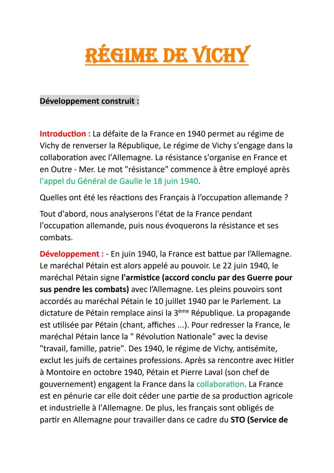 RÉGIME DE VICHY
Développement construit :
Introduction : La défaite de la France en 1940 permet au régime de
Vichy de renverser la Républiqu