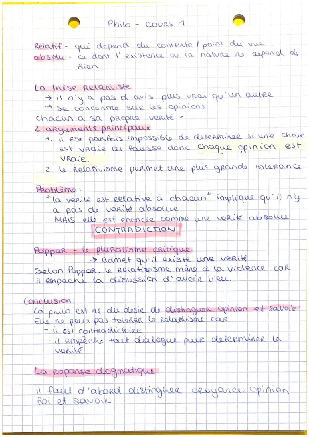 Philo
COURS 1
Relatif qui depend du contexte / point de vue
absolu co don't I'existence ou la nature ne depend de
Rien
La thèse Relativiste
