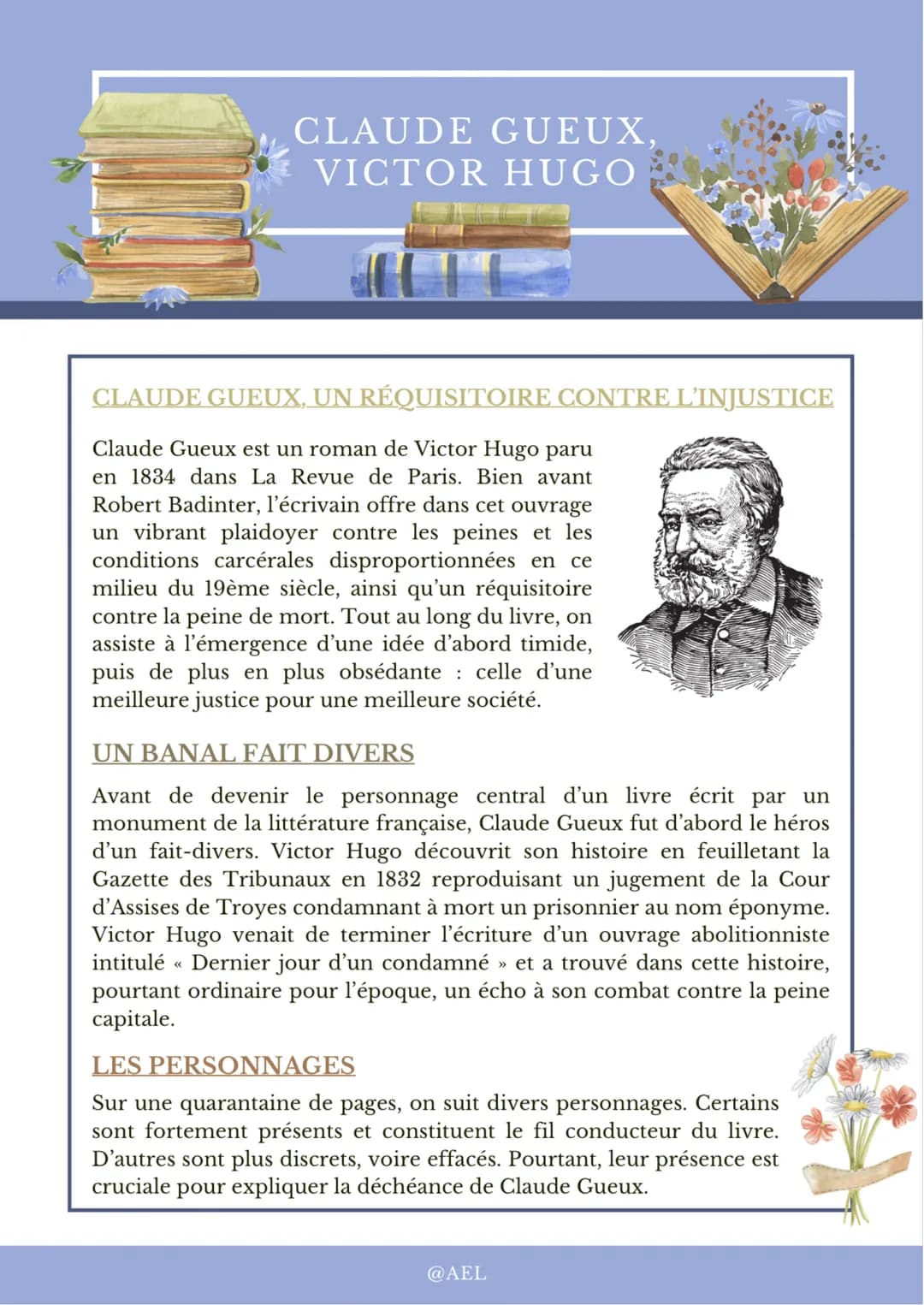 CLAUDE GUEUX.
VICTOR HUGO
• Claude Gueux : il a 36 ans lorsqu'il commet le vol qui va l'envoyer
dans la prison de Clairvaux. Même s'il est d