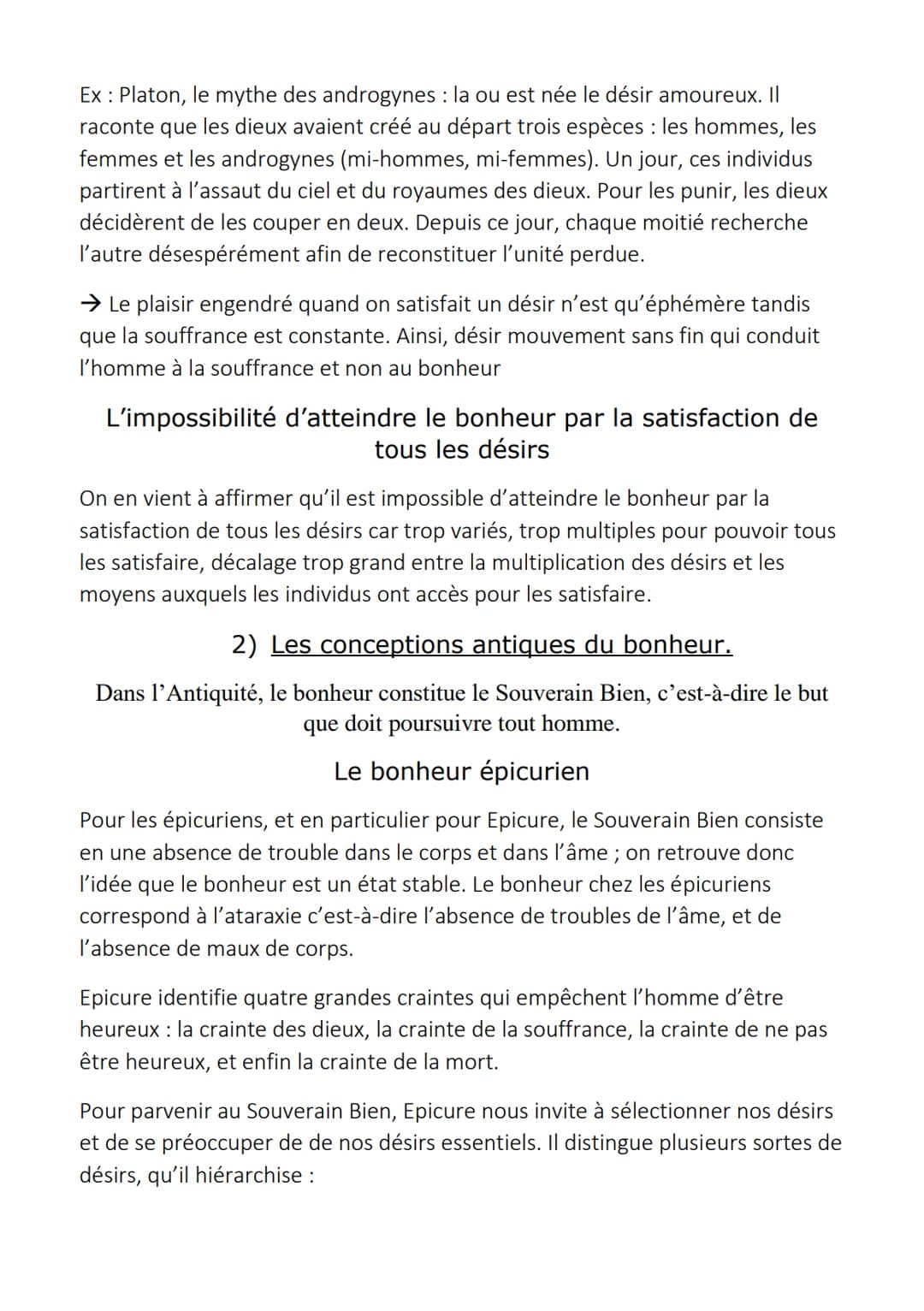 Le Bonheur
1) Le bonheur comme tentative de satisfaire tous les
désirs.
Le bonheur est un état durable de bien être éprouvé par un individu,