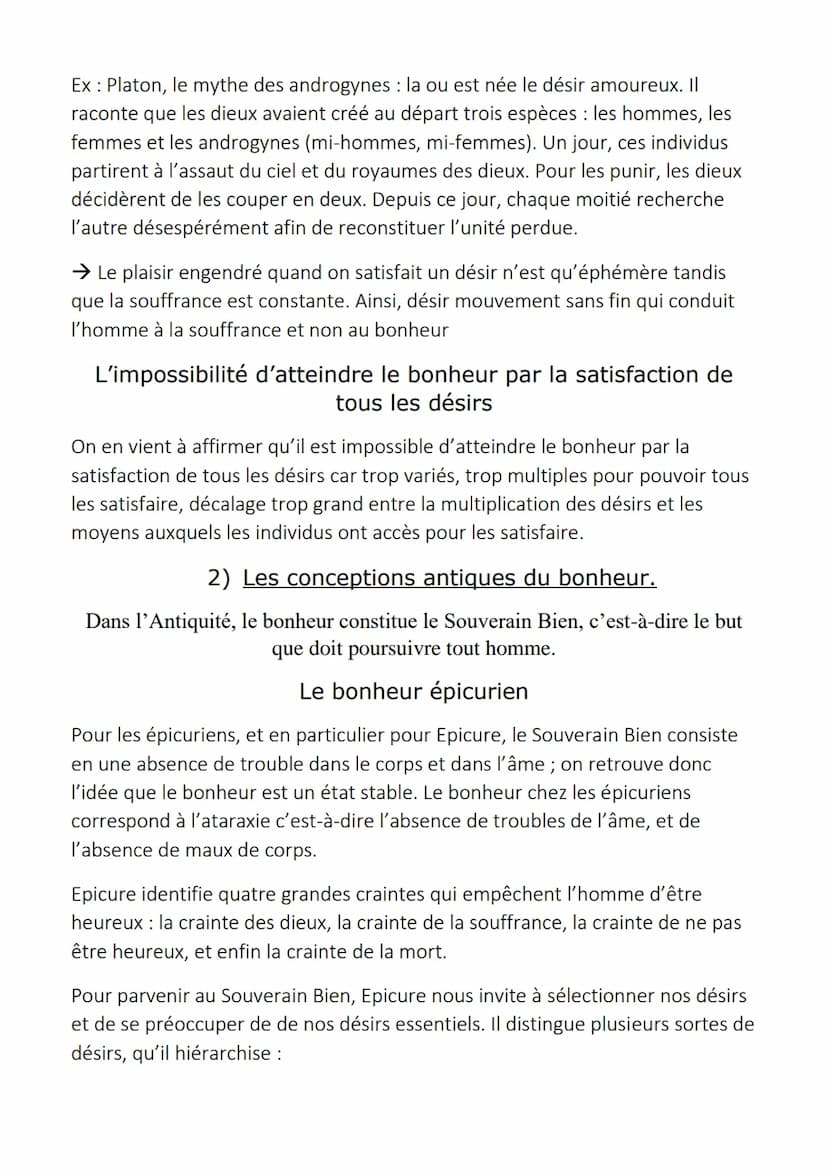 Le Bonheur
1) Le bonheur comme tentative de satisfaire tous les
désirs.
Le bonheur est un état durable de bien être éprouvé par un individu,