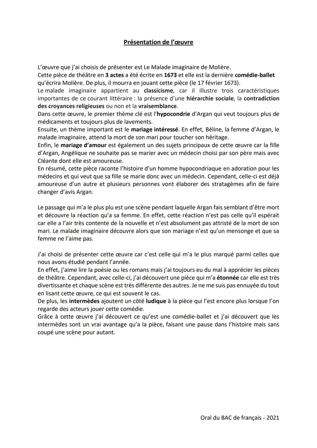Présentation de l'œuvre
L'œuvre que j'ai choisis de présenter est Le Malade imaginaire de Molière.
Cette pièce de théâtre en 3 actes a été é