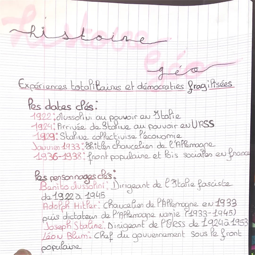 قصہ
histoine
نمند
géo
Expériences totalitaires et démocraties fragilisées
Pes dates clés:
Italie
1922 Mussolini au pouvoir on
1924: Pirrivée
