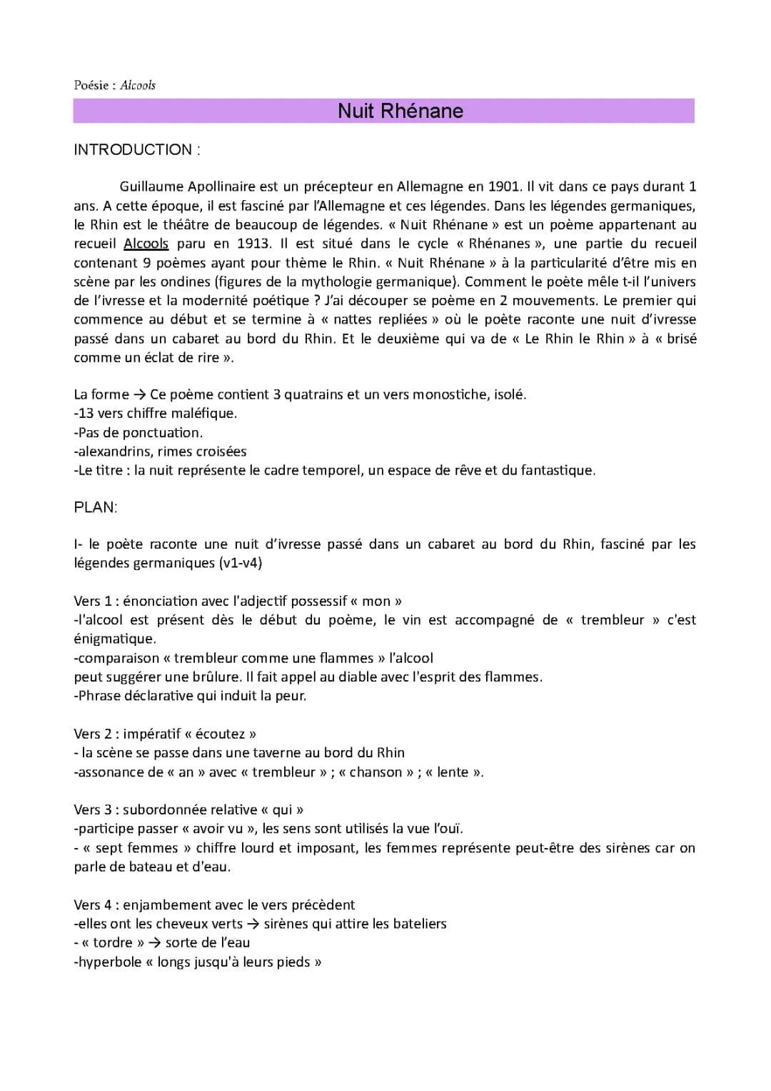 Nuit Rhénane Analyse Linéaire et PDF - Apollinaire