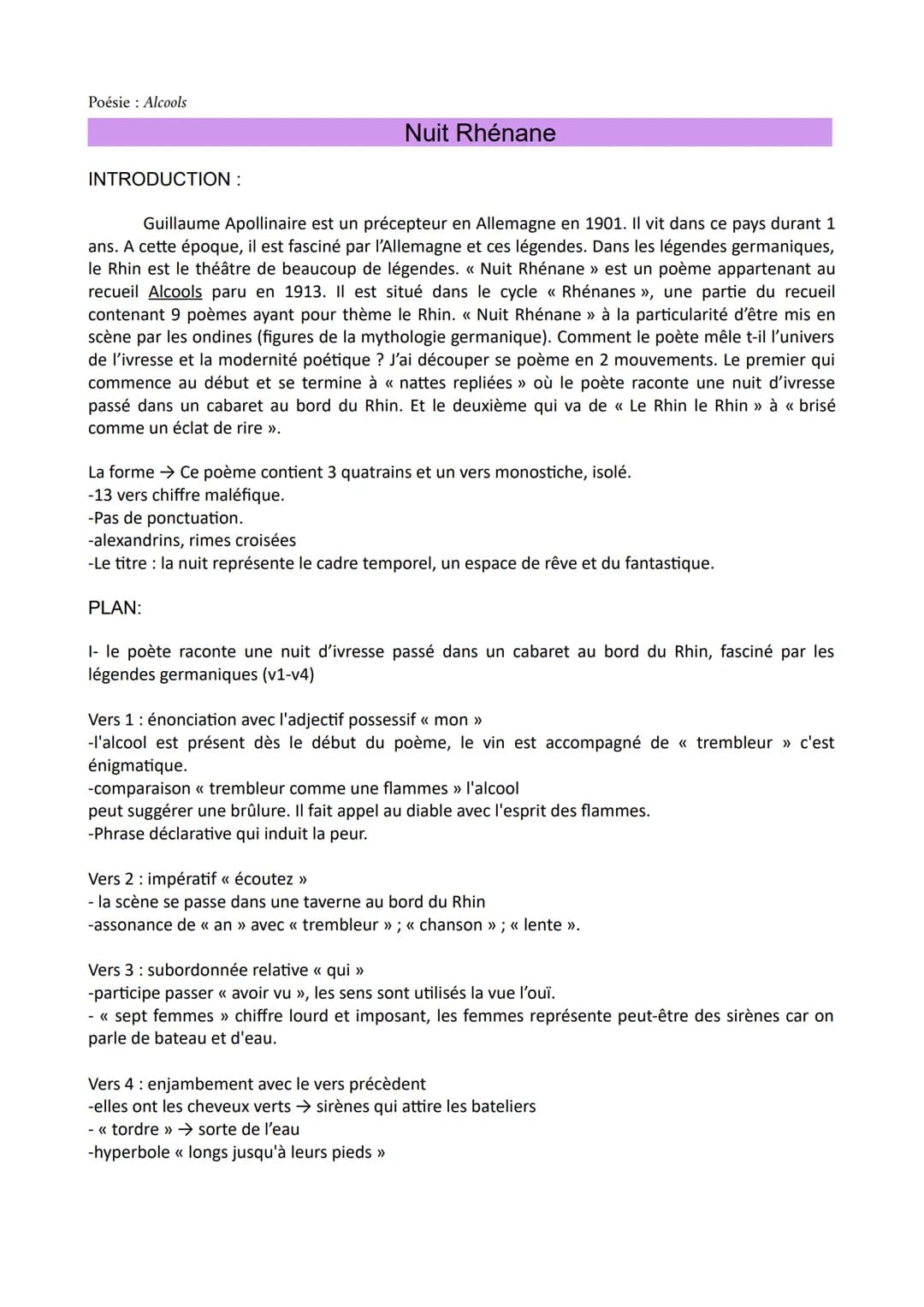 Poésie Alcools
INTRODUCTION :
Nuit Rhénane
Guillaume Apollinaire est un précepteur en Allemagne en 1901. Il vit dans ce pays durant 1
ans. A