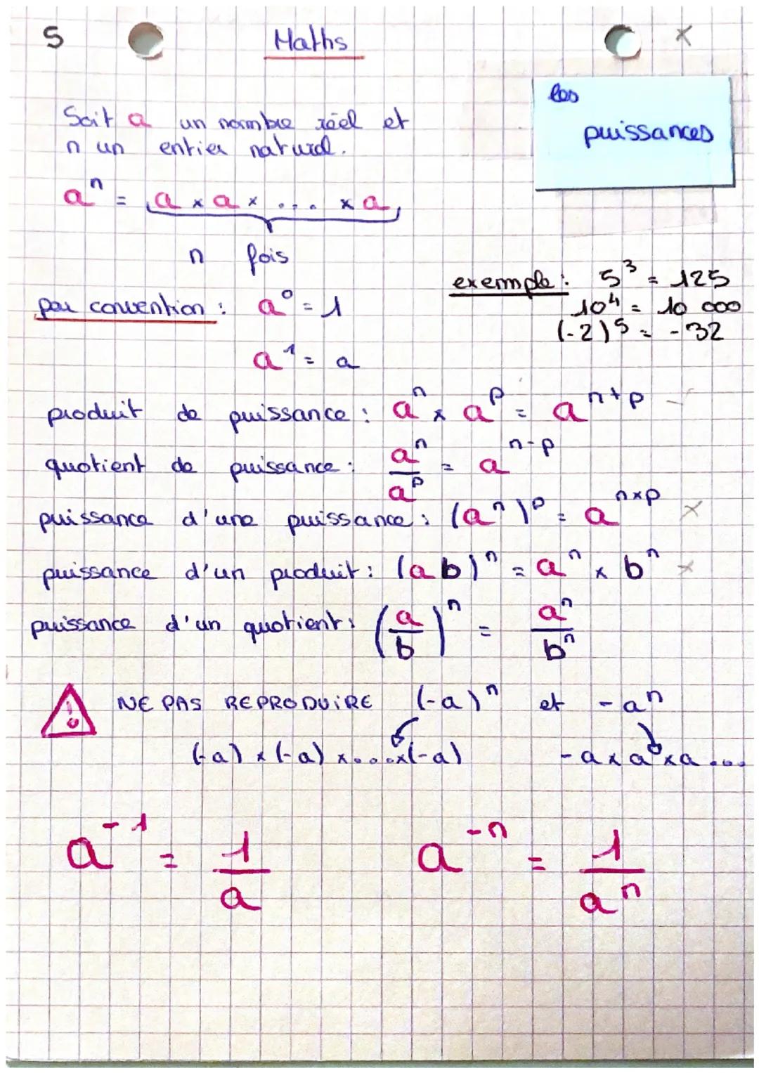 S
Sait a
n un
n
a
Maths
un nombre réel et
enties natuid.
axax... xa,
les
puissances
n
fois
3
exemple
por convention:
a = 1
= 125
104 = 10 00