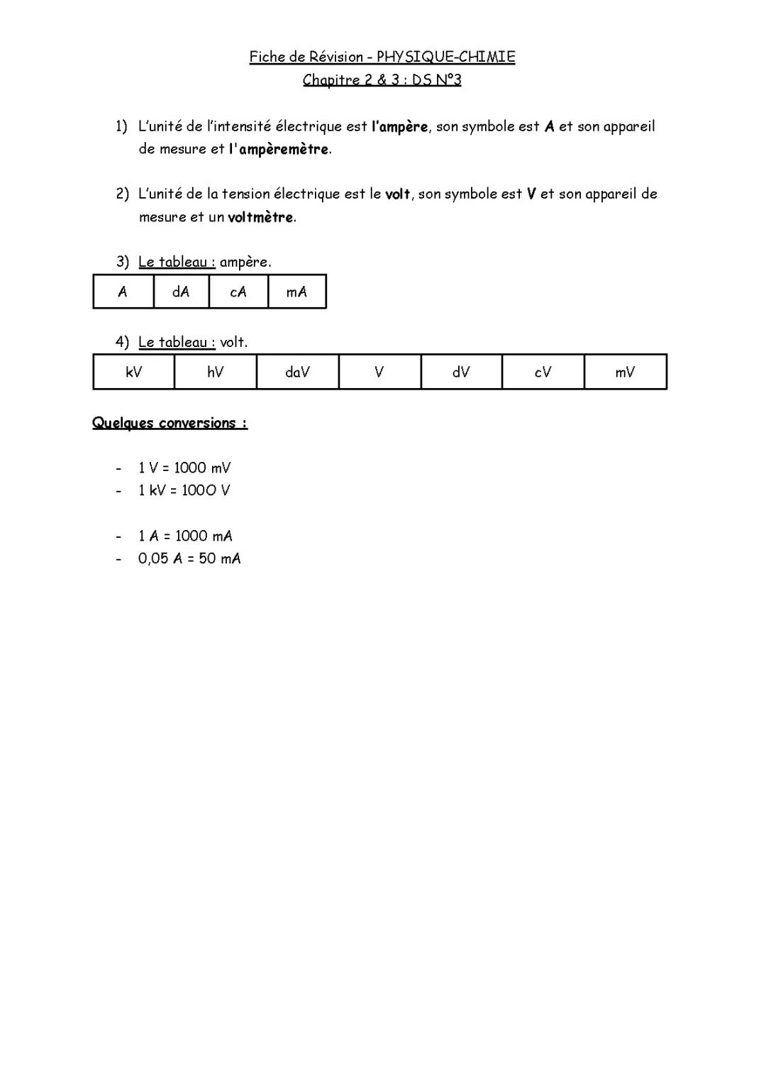 FICHE DE RÉVISION - PHYSIQUE-CHIMIE (INTENSITÉ ET TENSION ÉLECTRIQUE et LOIS DES INTENSITÉS DANS LES CIRCUITS ÉLECTRIQUES)