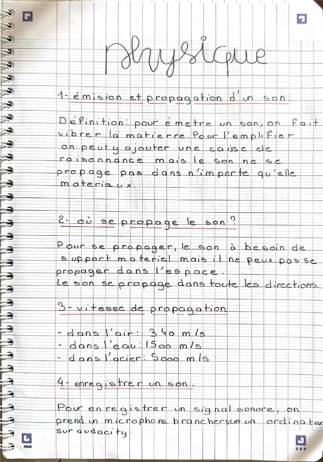 physique
1- émision et propagation d'un
son
Definition pour émetre un son, on
vibrer la matierre. Pour l'emplifier
on peut y ajouter une cai