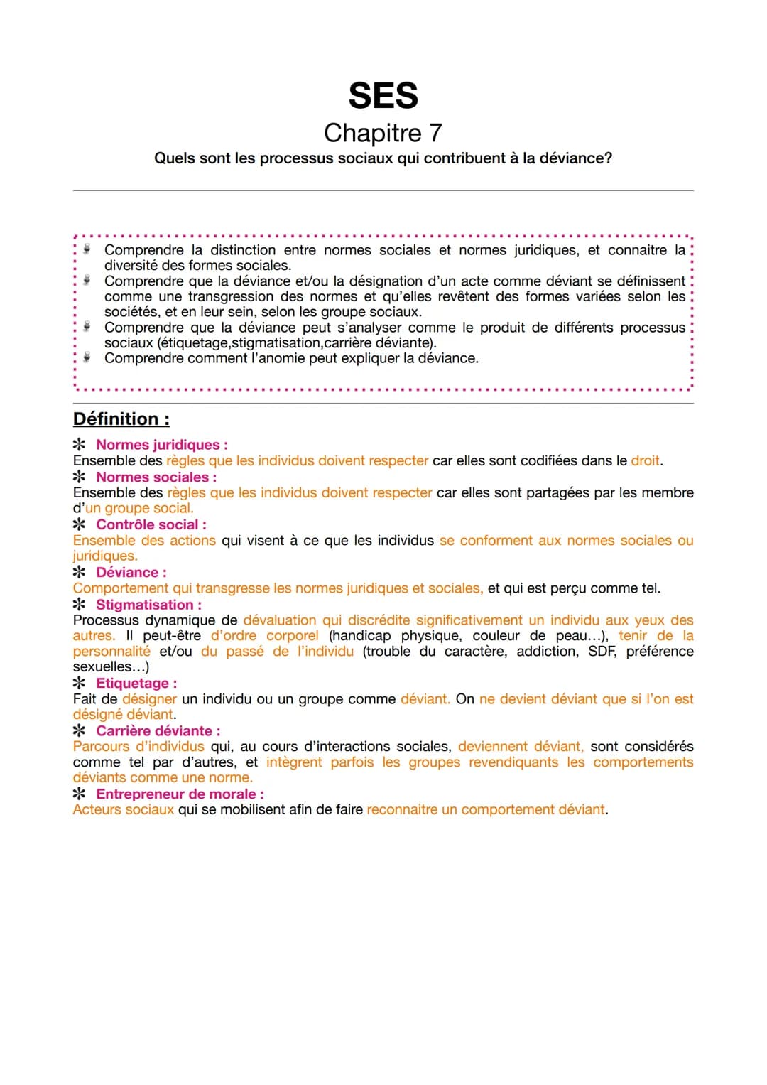 SES
Chapitre 7
Quels sont les processus sociaux qui contribuent à la déviance?
Comprendre la distinction entre normes sociales et normes jur