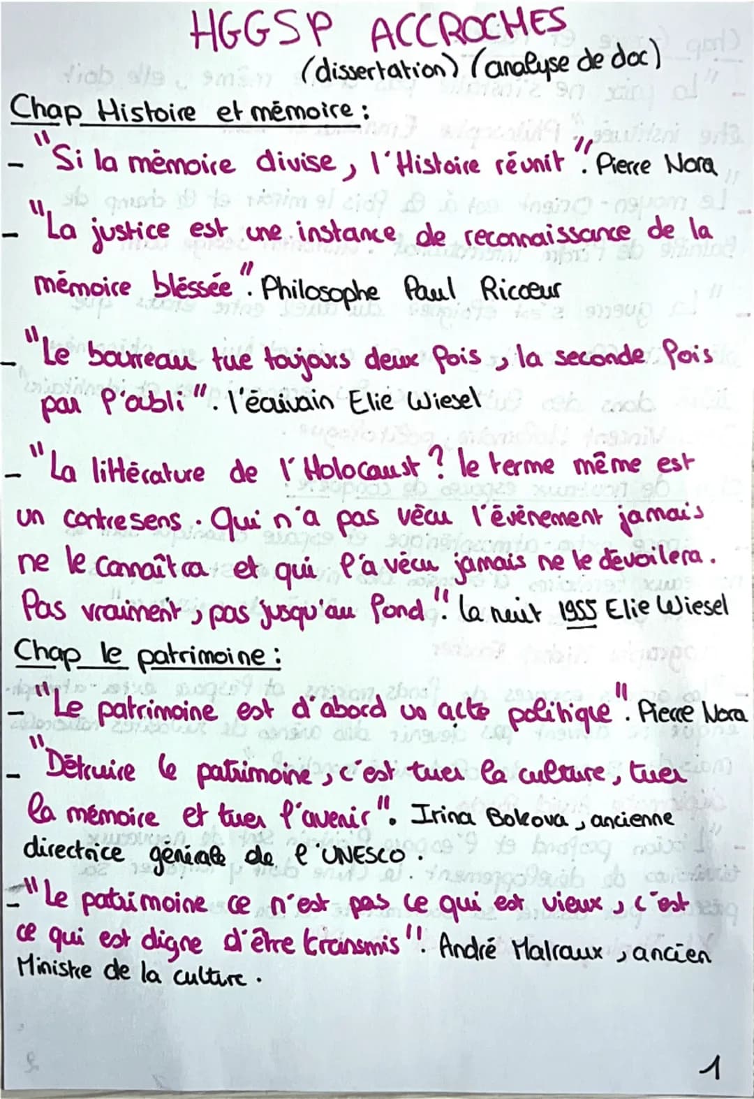 # HGSP ACCROCHES
(dissertation) (analyse de doc)

Chap Histoire et mémoire :
- "Si la mémoire divise, l'Histoire réunit". Pierre Nora
- "La 