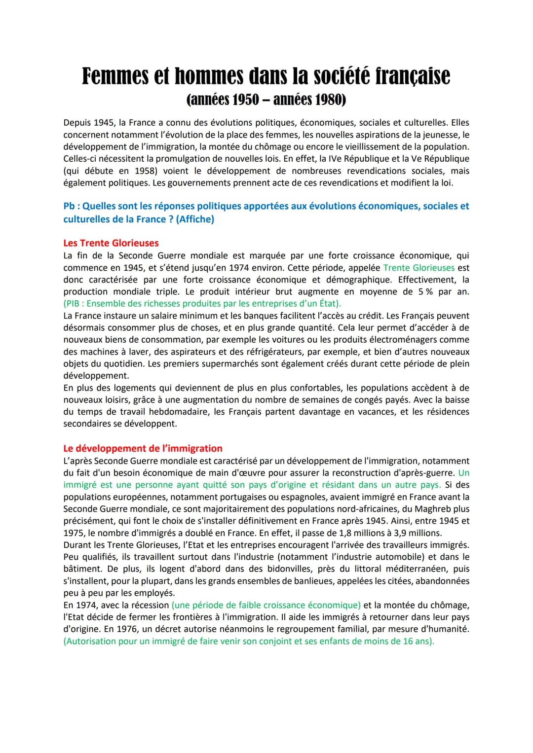 Femmes et hommes dans la société française
(années 1950-années 1980)
Depuis 1945, la France a connu des évolutions politiques, économiques, 