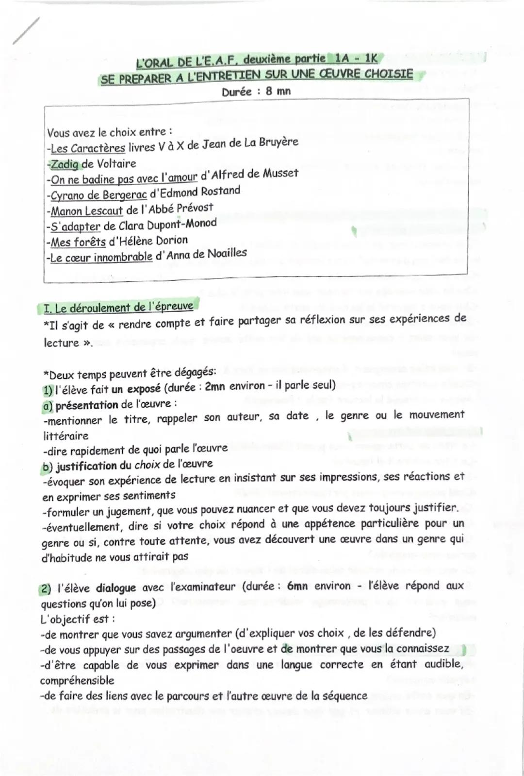 L'ORAL DE L'E.A.F, deuxième partie 1A - 1K
SE PREPARER A L'ENTRETIEN SUR UNE CŒUVRE CHOISIE
Durée: 8 mn
Vous avez le choix entre:
-Les Carac