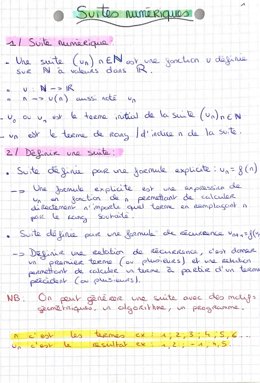 1/ Suite numerique.
- Une suite (un) DEN
SUR
00
0
UN ->
A ->
D
-vou u₂ est le terme initial de la suite (un)MEN
un
est le terme de Rang I d'