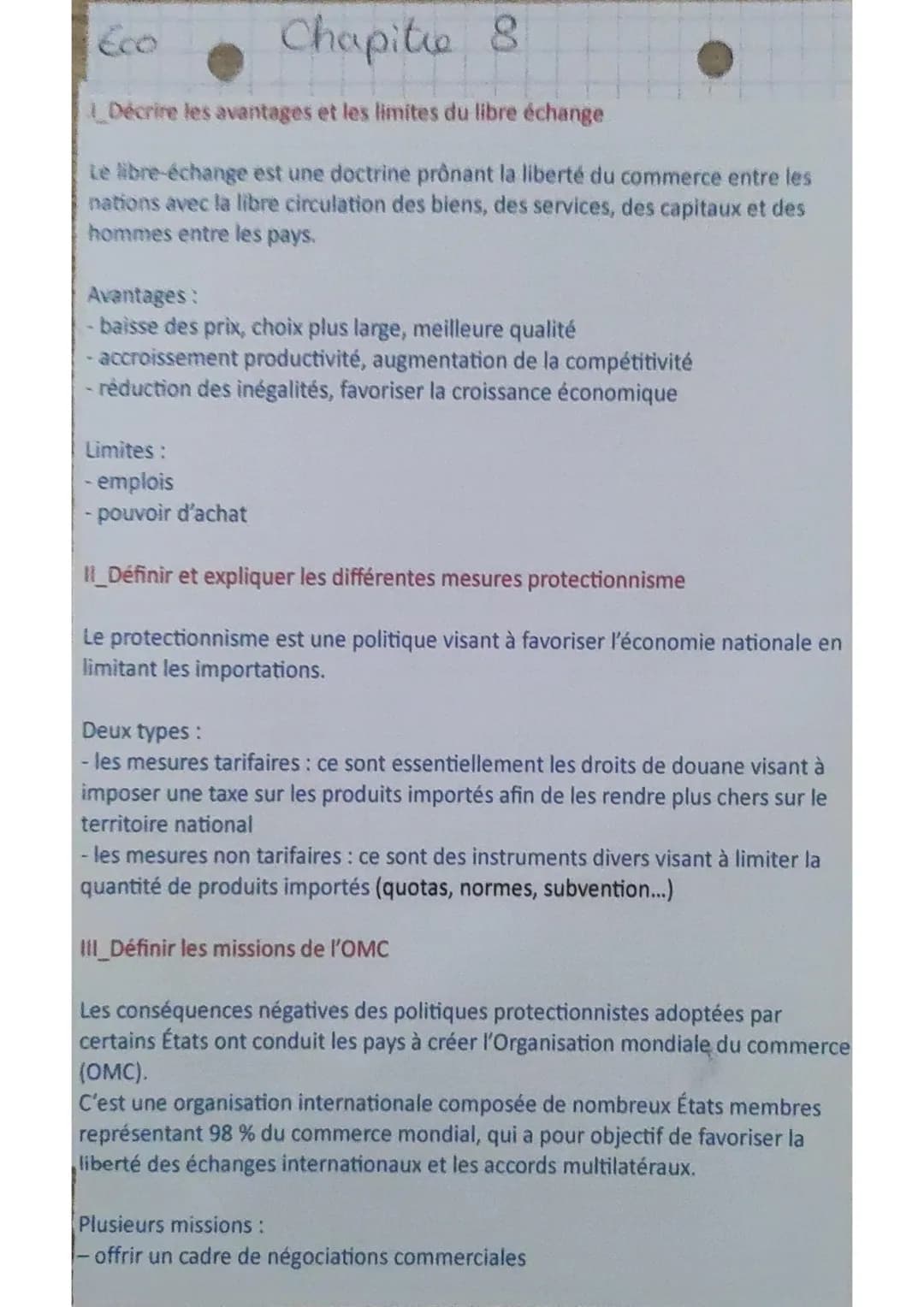 Eco
Chapitie 8
Décrire les avantages et les limites du libre échange
te libre-échange est une doctrine prônant la liberté du commerce entre 