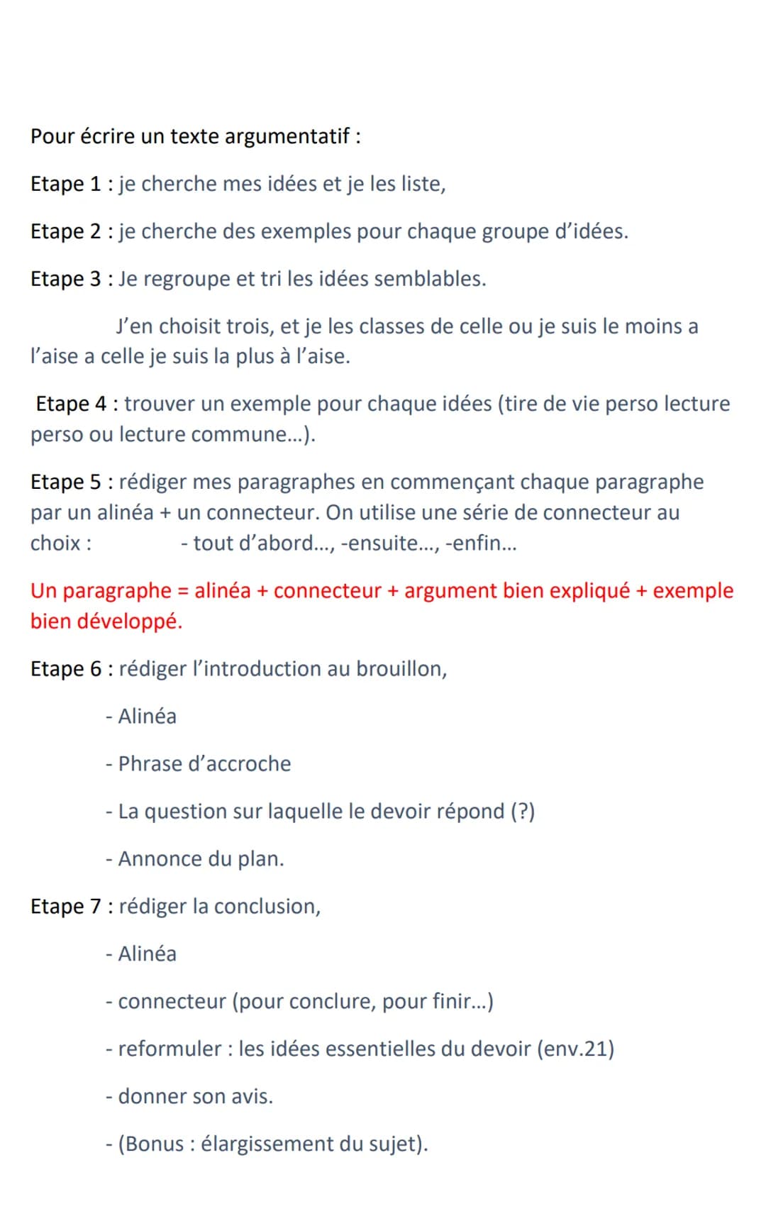 Pour écrire un texte argumentatif :
Etape 1: je cherche mes idées et je les liste,
Etape 2: je cherche des exemples pour chaque groupe d'idé